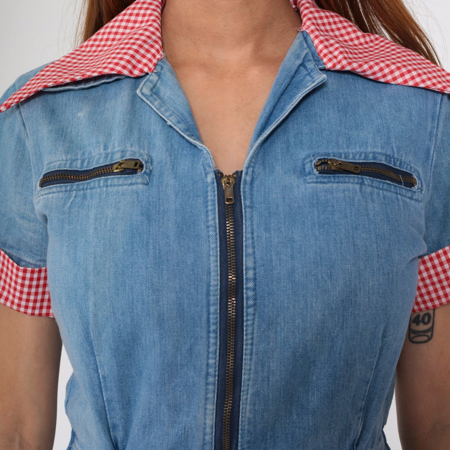 70s Blue Denim Jumpsuit Red Gingham Collar Short Sleeve Straight Leg Small