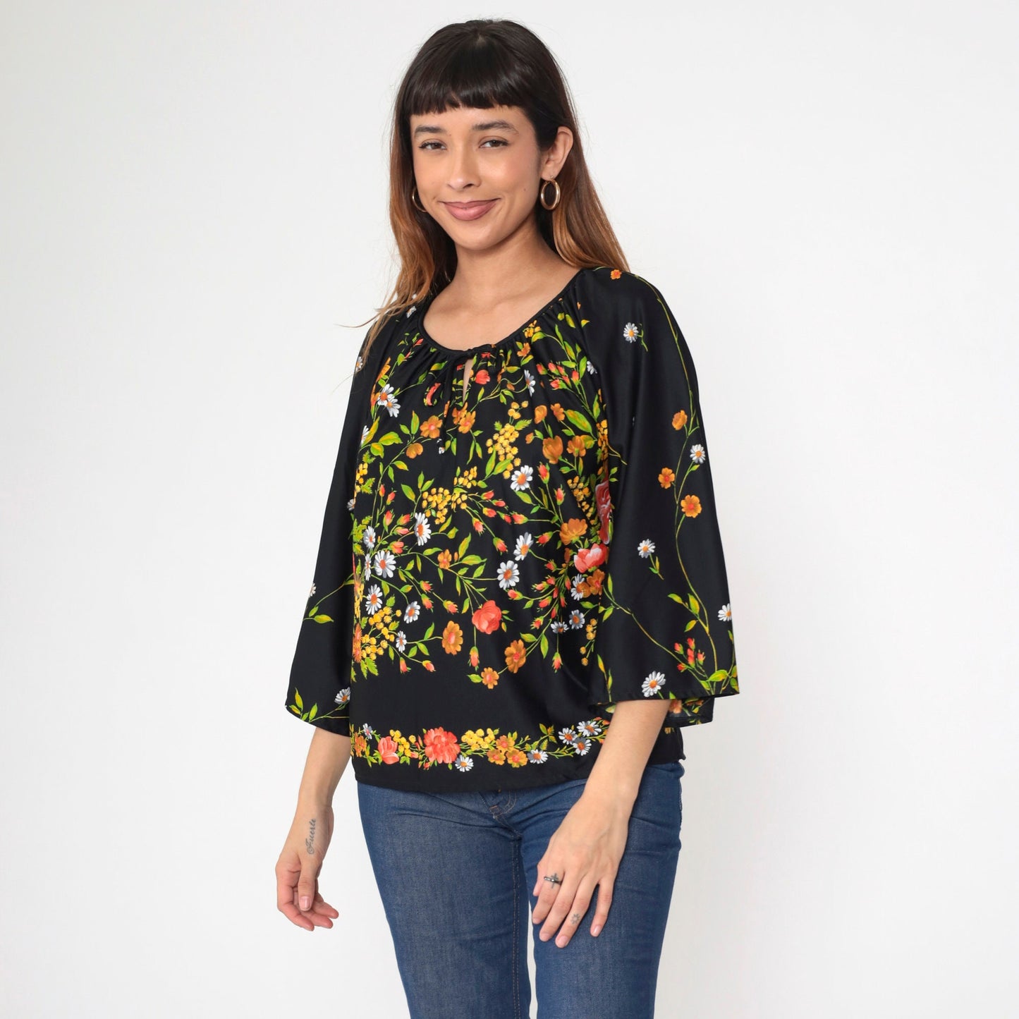 70s Teddi Of California Floral Blouse Black Bell Sleeve Keyhole Neck Medium Large