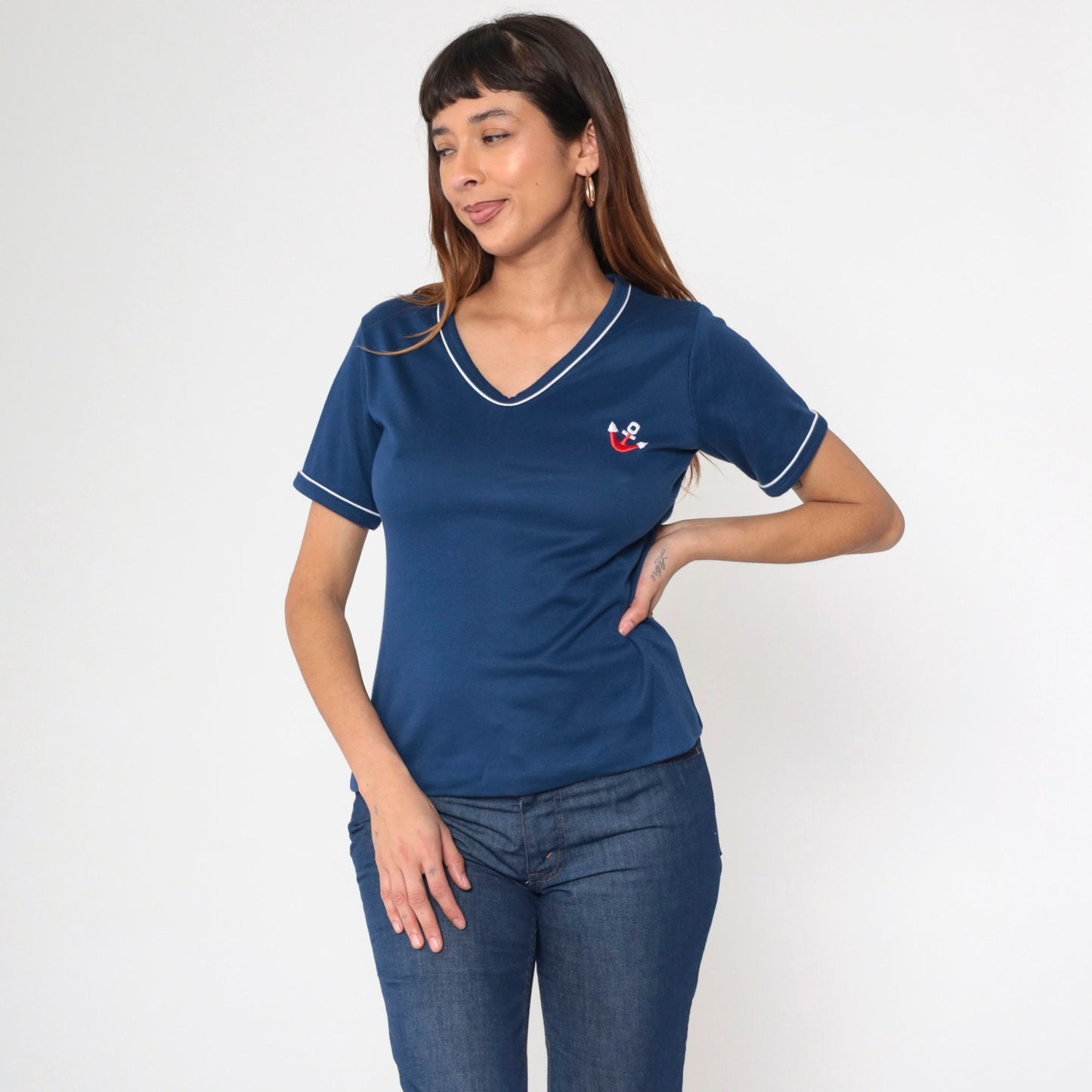 80s Navy Anchor Embroidered Ringer T-Shirt White Trim Small