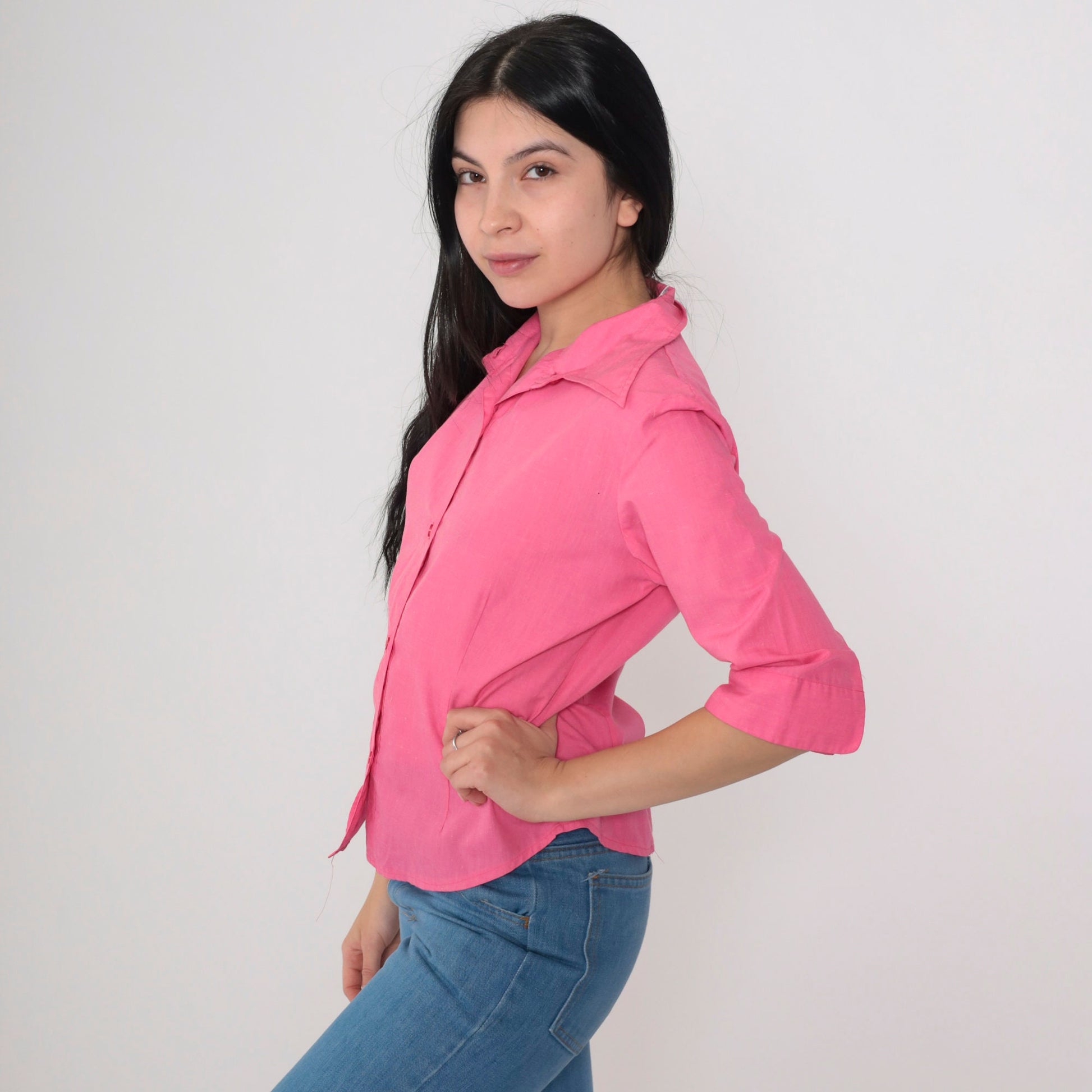 70s Bright Pink Wing Collar Button-Up Blouse 3/4 Sleeve Small