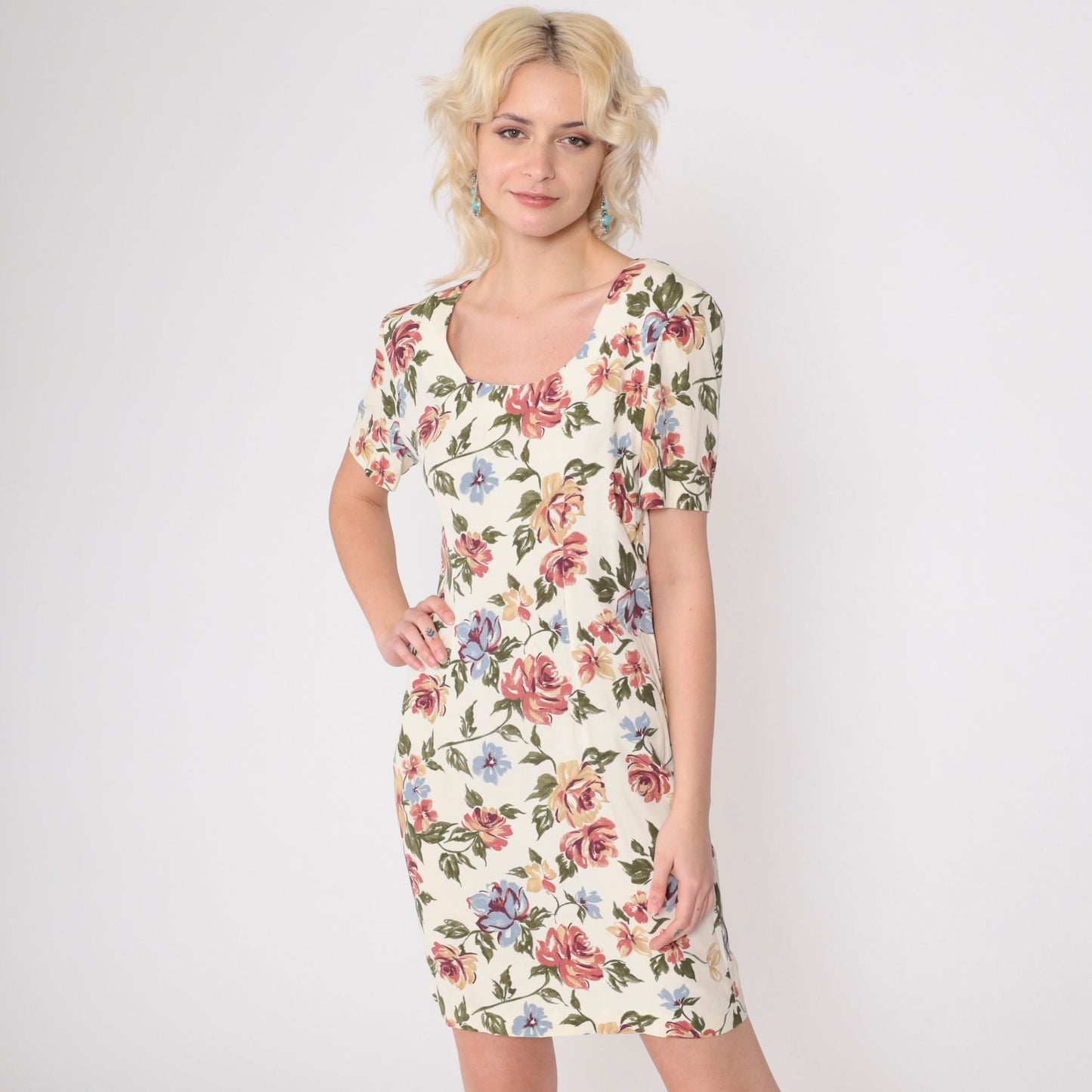 90s Pale Yellow Floral Mini Dress Scoop Neck Short Sleeve Small
