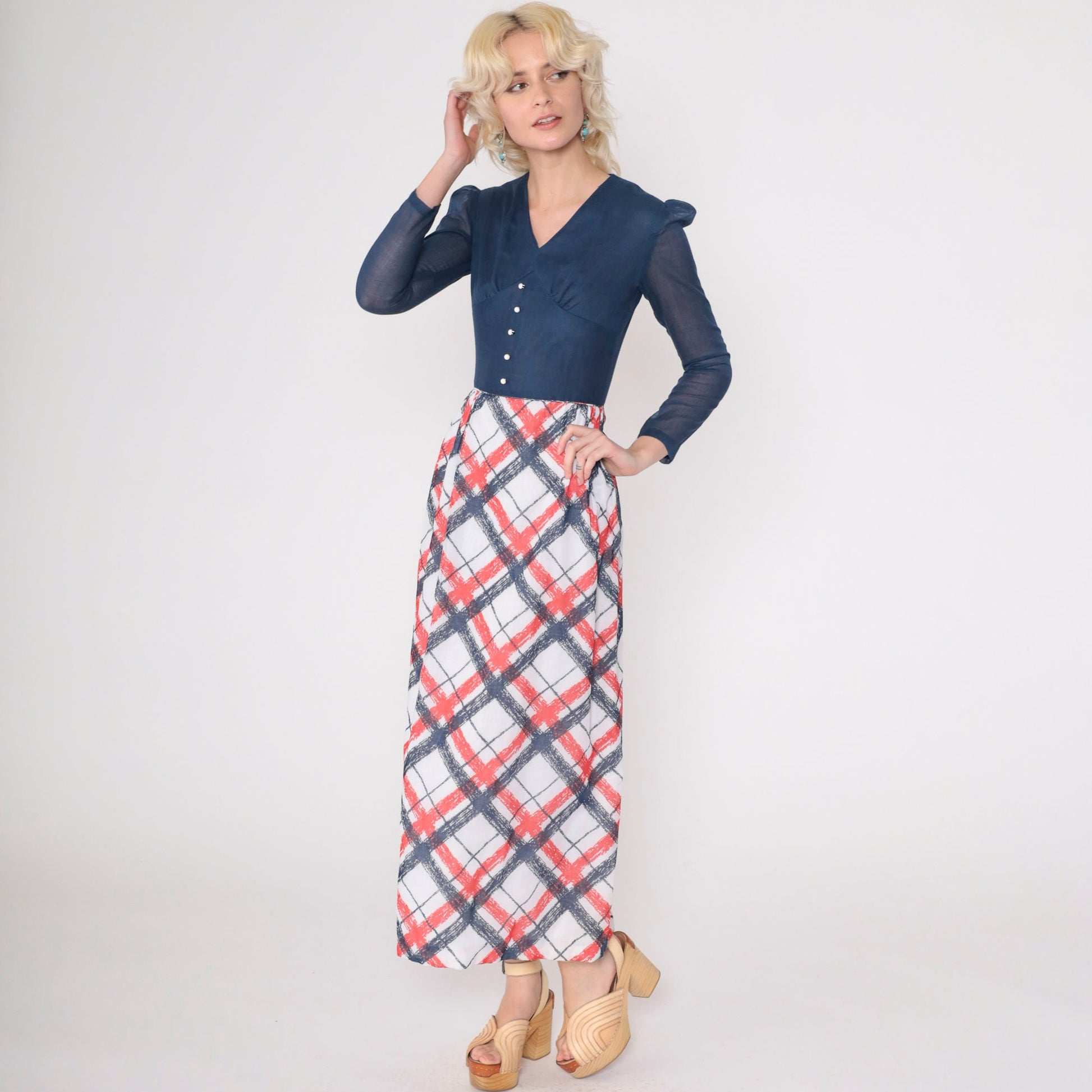 70s Checkered Maxi Dress Puff Sleeve High Waist Dark Blue Red White XXS