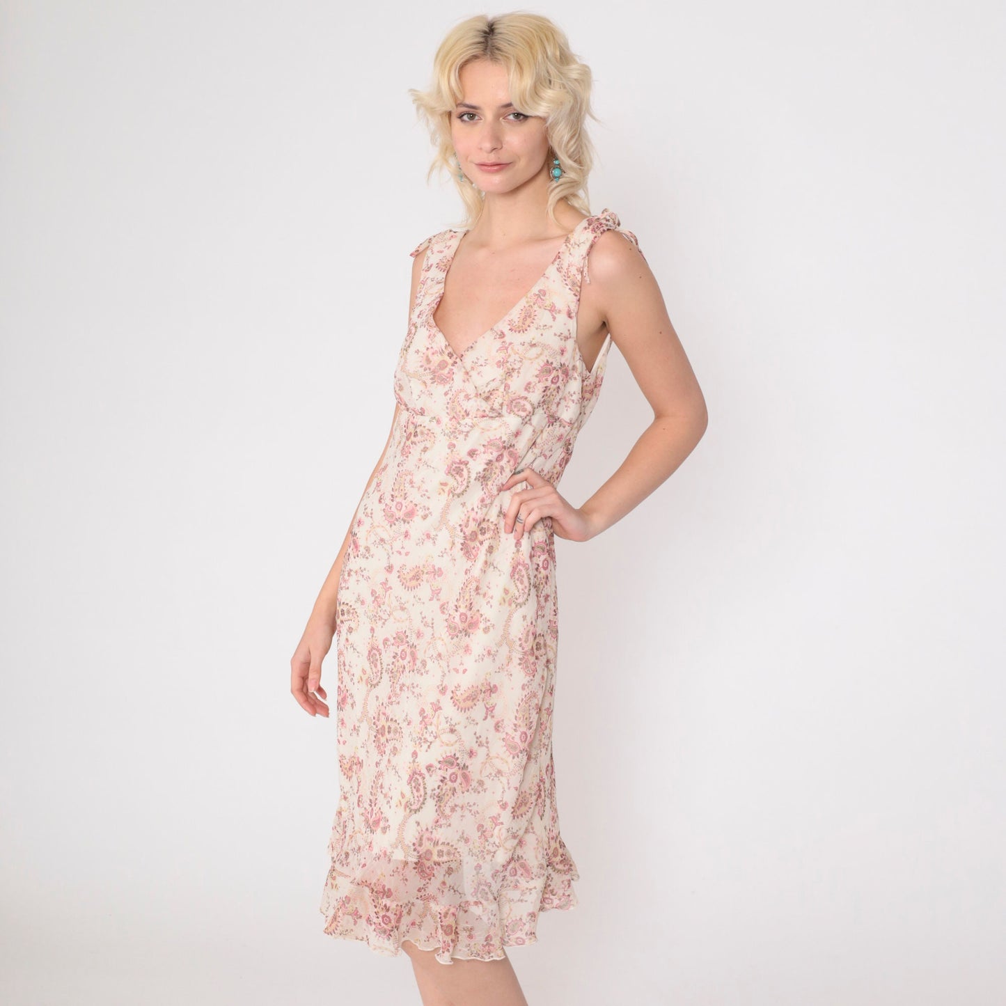 Y2K Paisley Chiffon Midi Dress Off-White Pink Empire Waist Surplice Medium