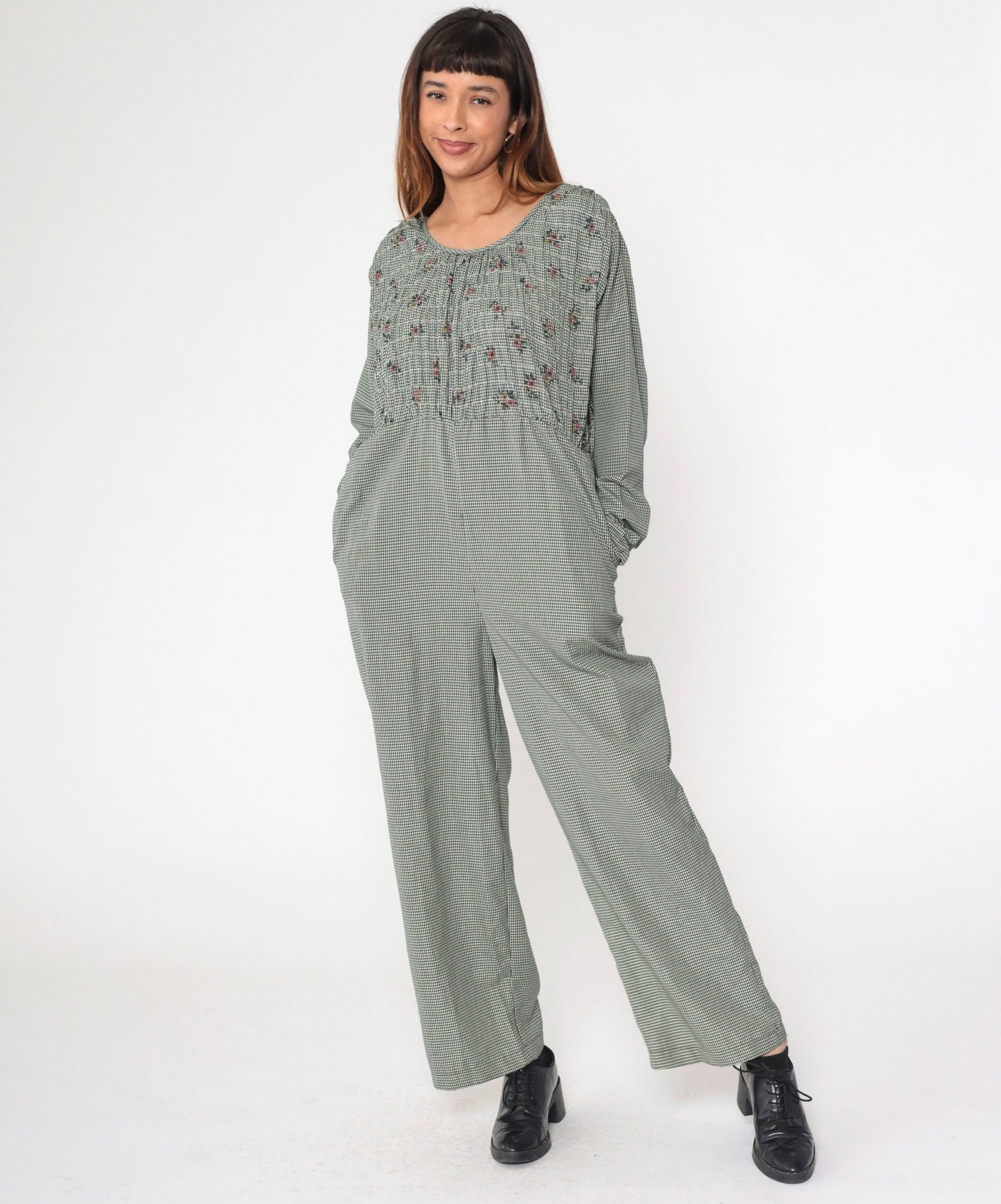 90s Gingham Smocked Floral Jumpsuit Long Sleeve Straight Leg Large