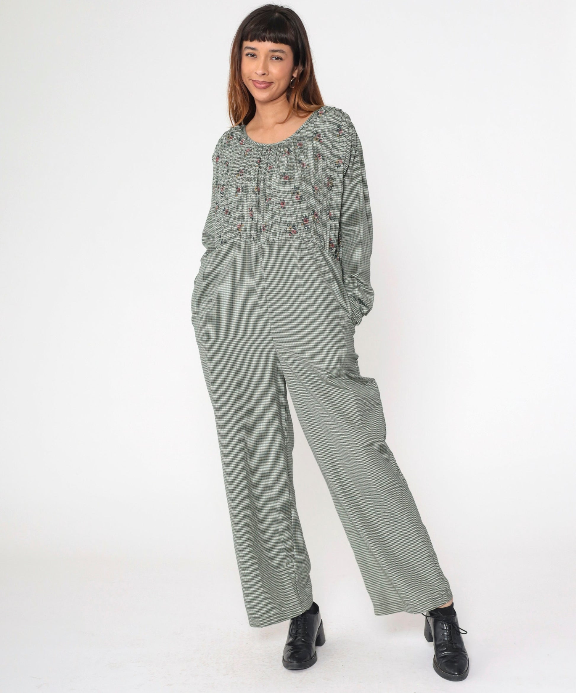 90s Gingham Smocked Floral Jumpsuit Long Sleeve Straight Leg Large