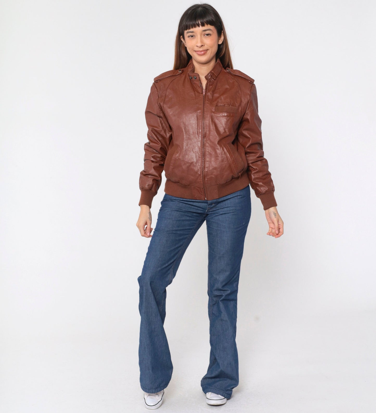 80s Brown Leather Bomber Jacket Moto Zip Shoulder Epaulette Men's Medium