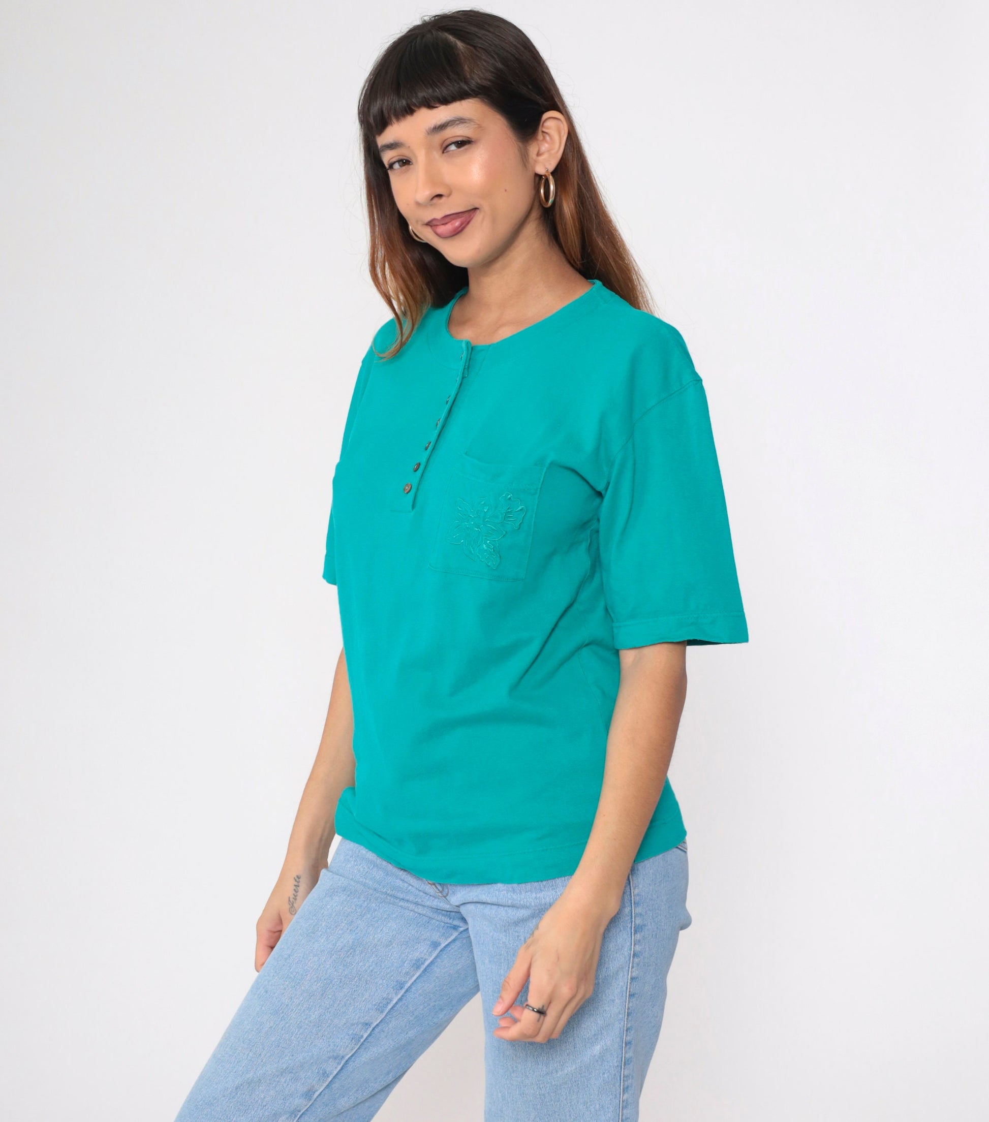 90s Teal Henley Tee Floral Embroidered Pocket Cotton Small