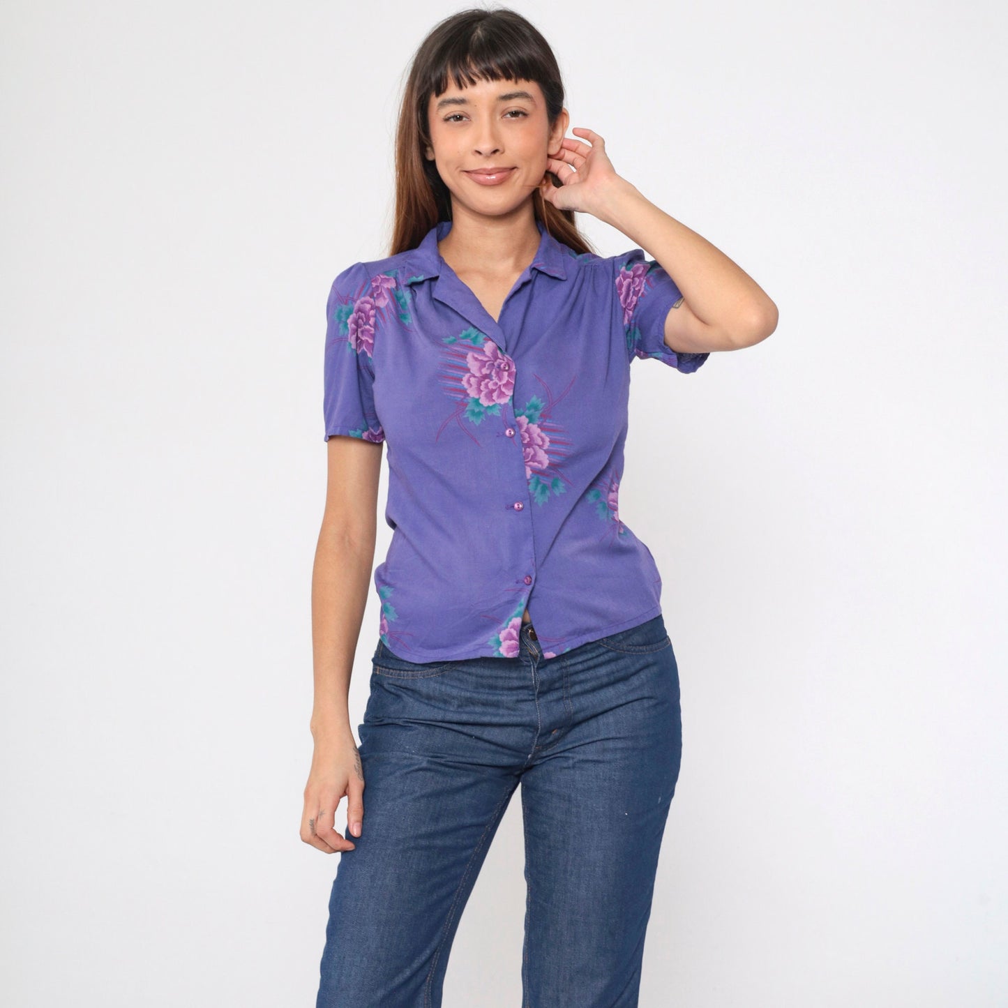 80s Purple Floral Puff Sleeve Button-Up Blouse Collared Shirt Small
