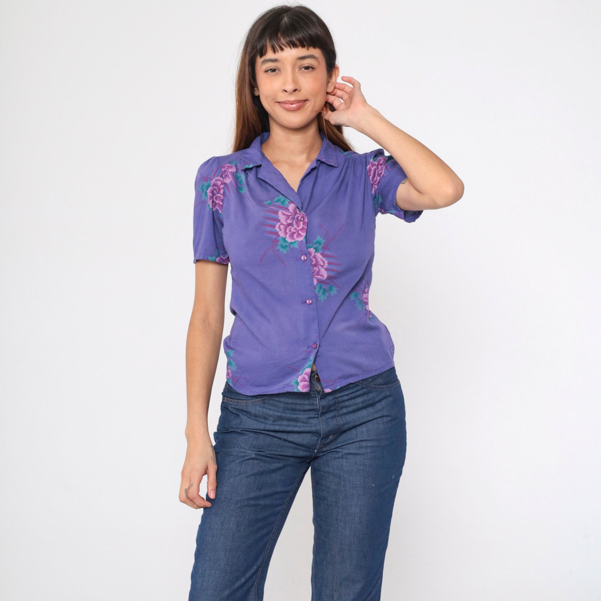 80s Purple Floral Puff Sleeve Button-Up Blouse Collared Shirt Small
