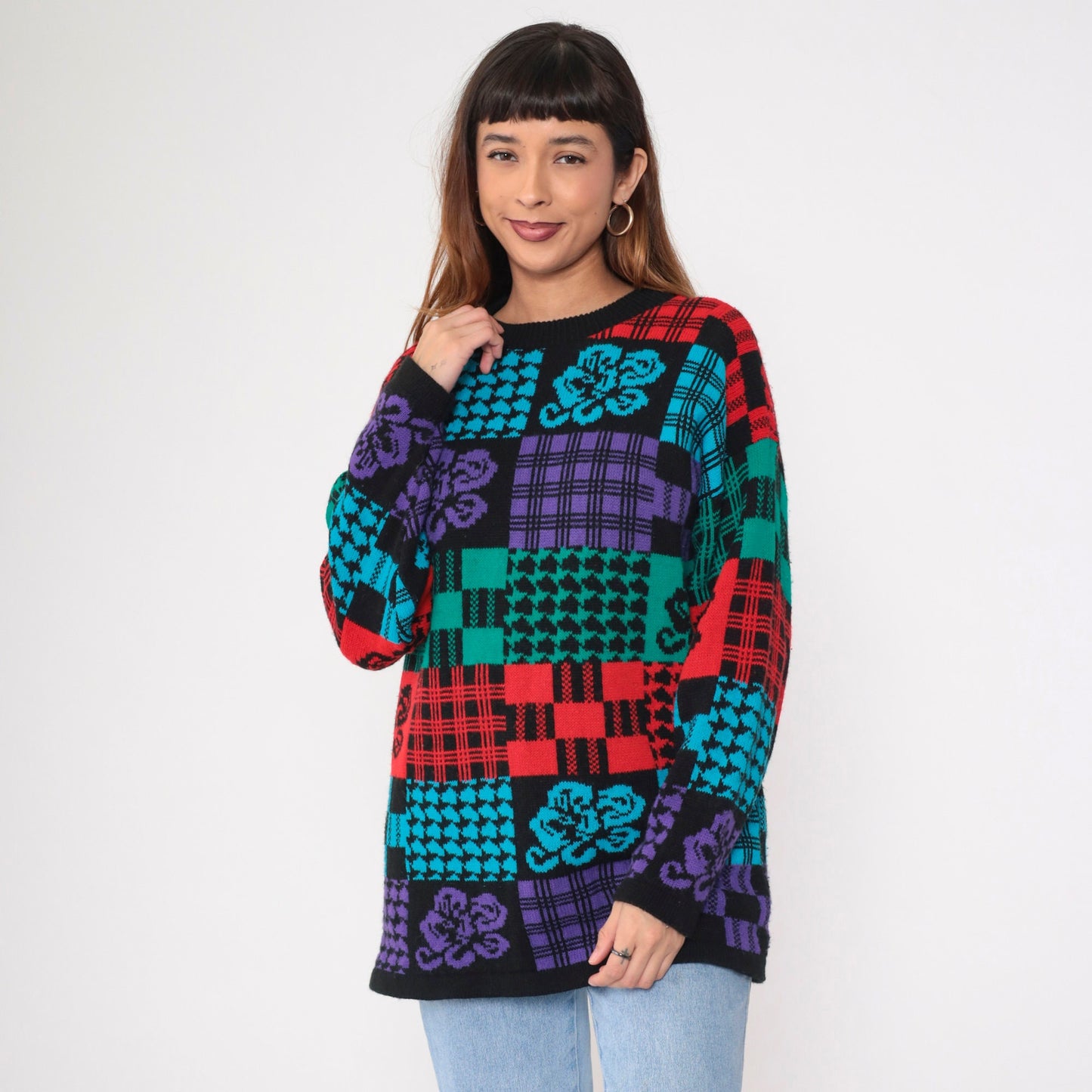 80s Traffic Jam Patchwork Checkered Floral Knit Sweater Black Red Blue Green Medium