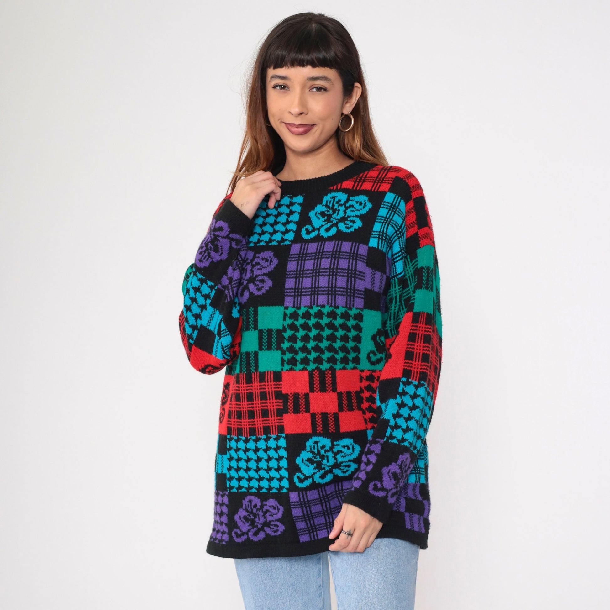 80s Traffic Jam Patchwork Checkered Floral Knit Sweater Black Red Blue Green Medium