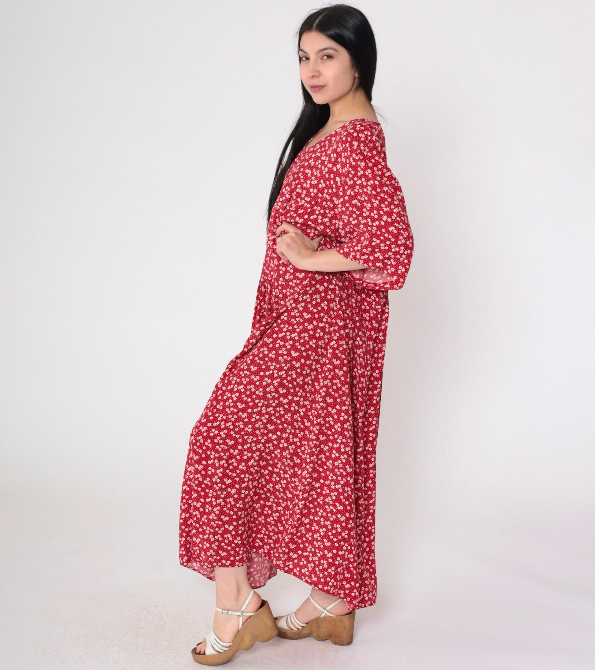 90s More Jazz Red Floral Maxi Dress Puff Sleeve Plus Size XXL
