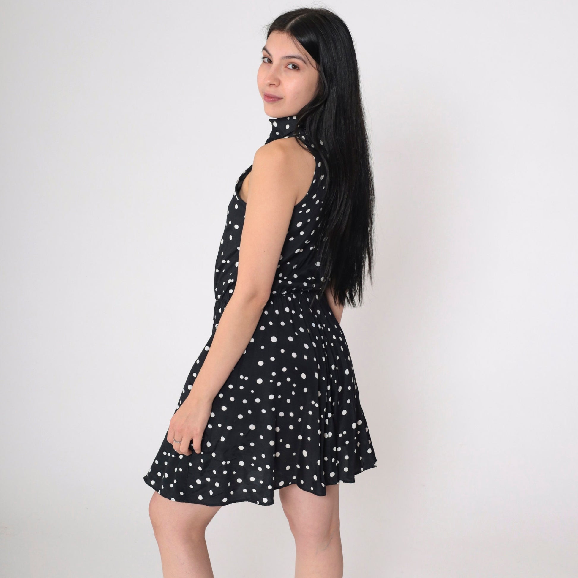 90s Ed Michaels Polka Dot Mini Dress Black White Collared Sleeveless Extra Small