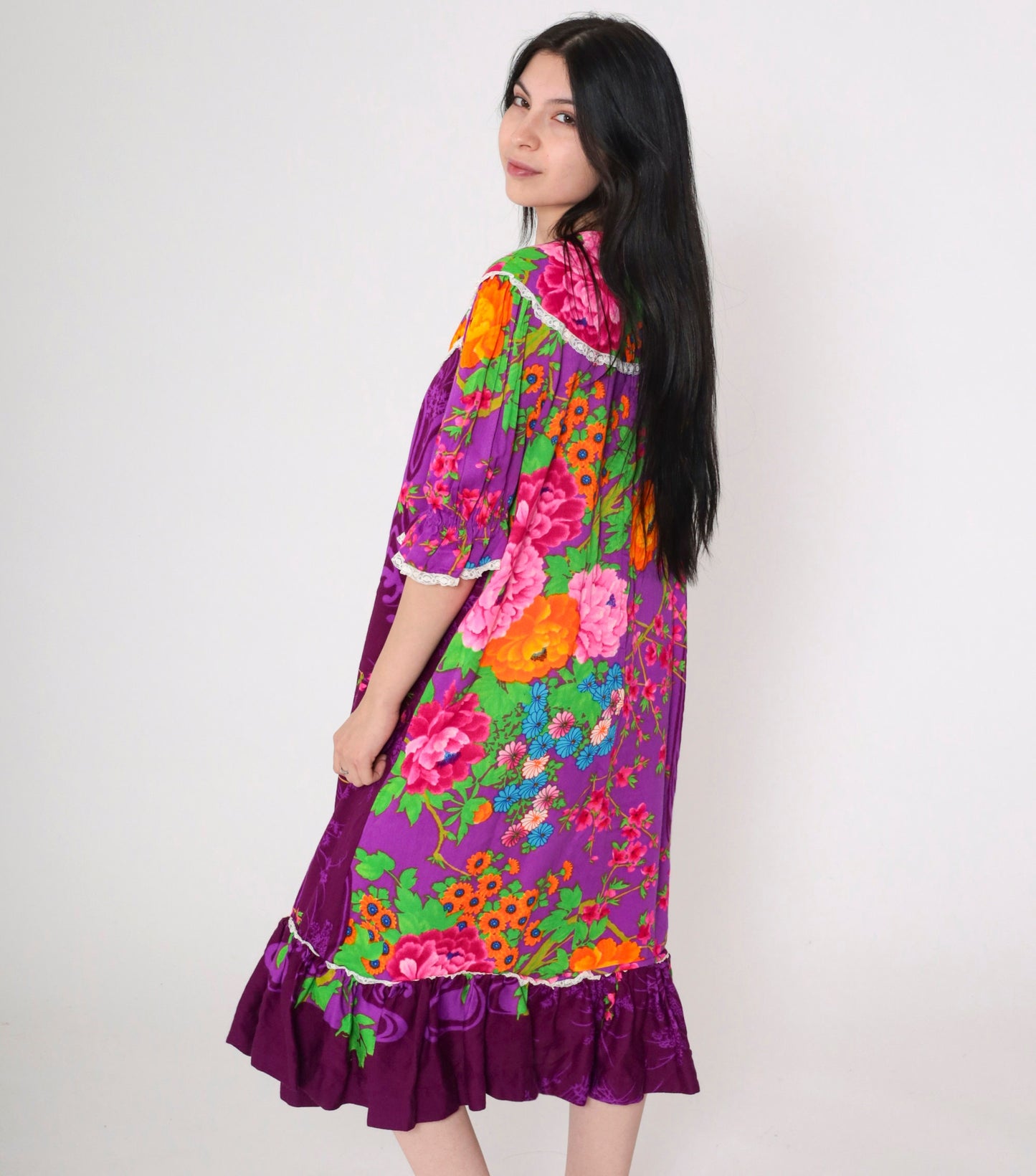70s Purple Floral Midi Dress Puff Sleeve Tent Cut Lace Bib Large