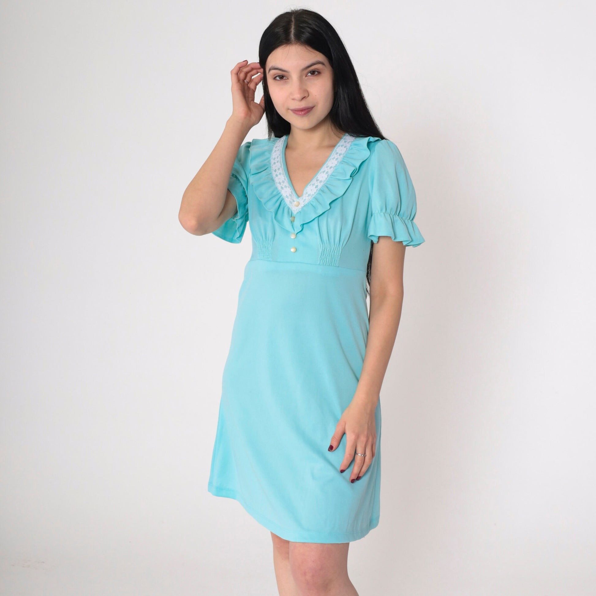 70s Blue Babydoll Mini Dress Empire Waist Puff Sleeve Lace Trim Small
