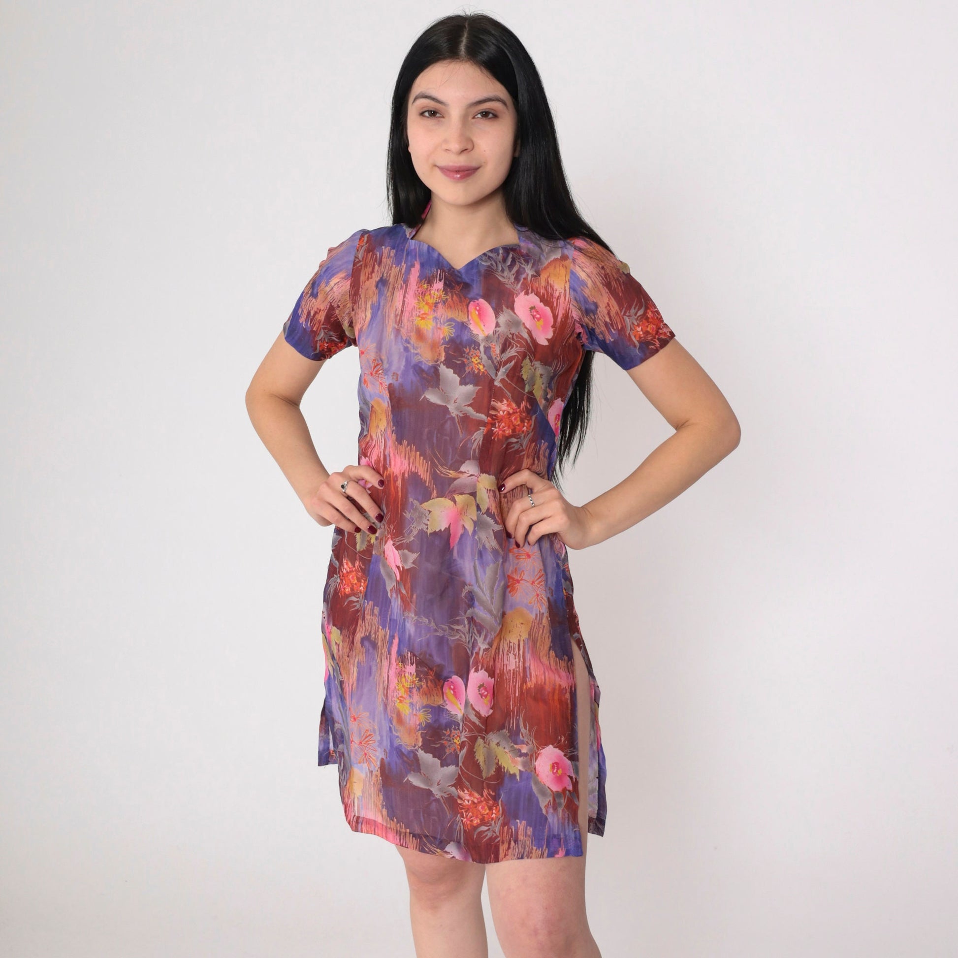 60s Floral Mini Dress Mod Psychedelic Print Purple Pink Cotton Short Sleeve XS