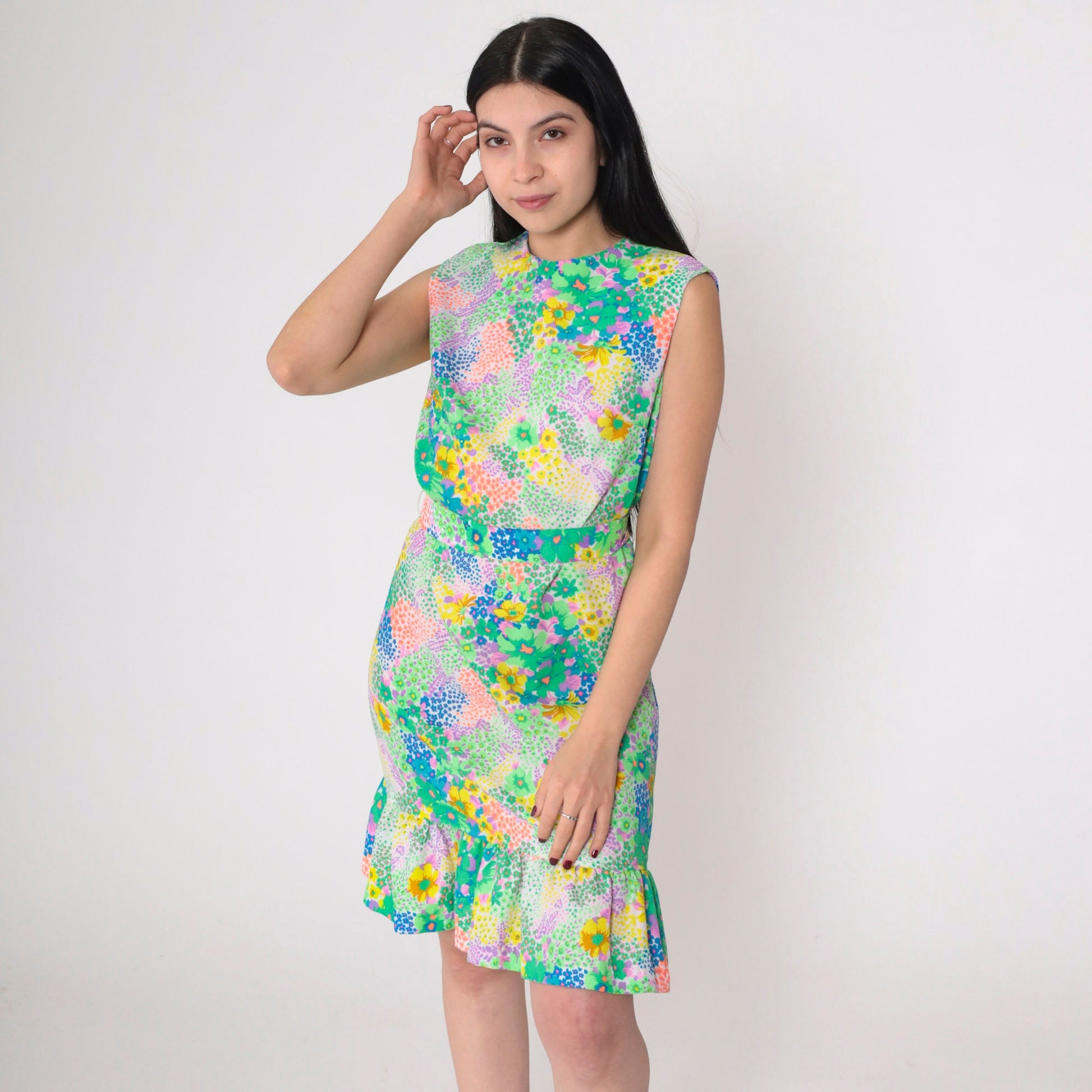 70s Liberty Circle Floral Mini Dress Sleeveless High Waist Small