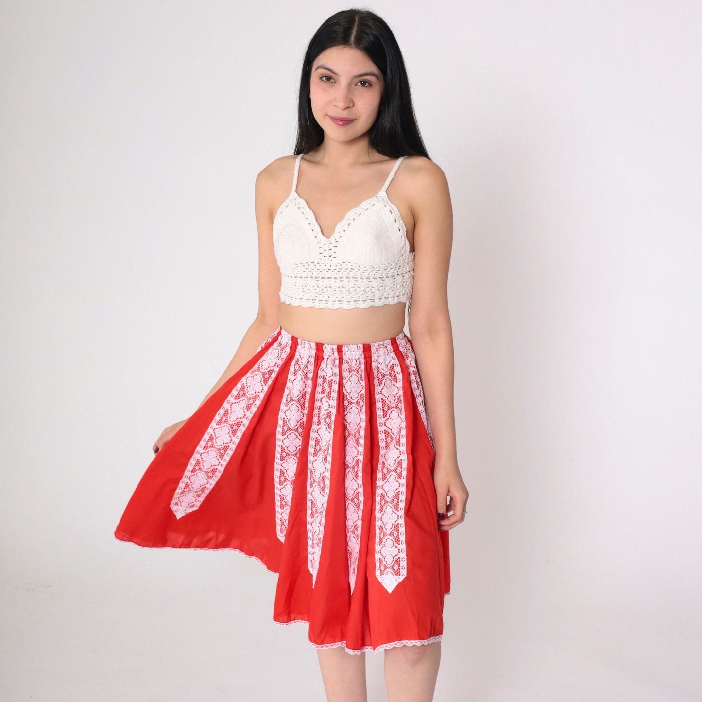 80s Red Lace Trim Mini Skirt White Floral High Waist Extra Small