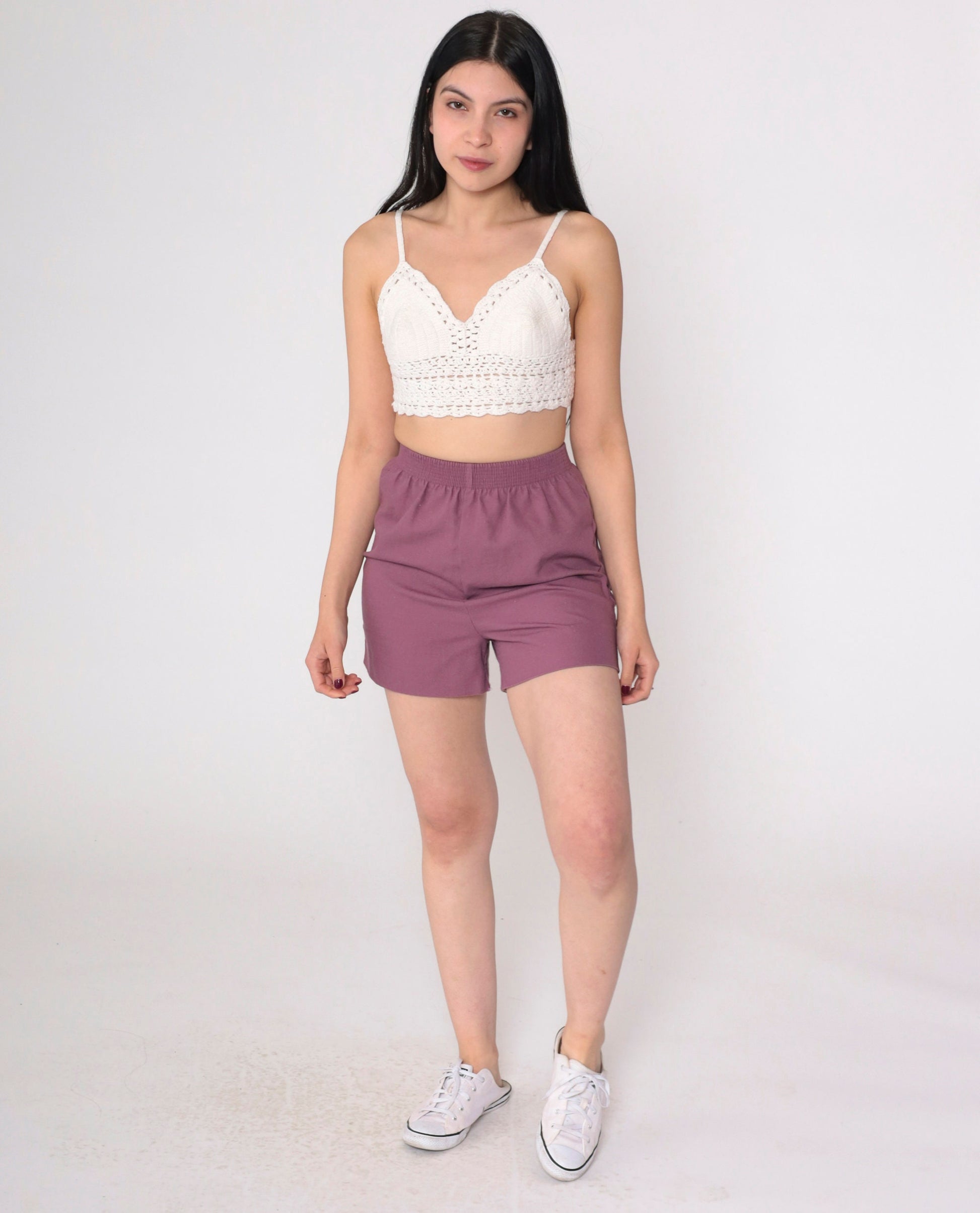 80s Dusty Purple High-Waist Gym Shorts Cotton Elastic Waist Extra Small