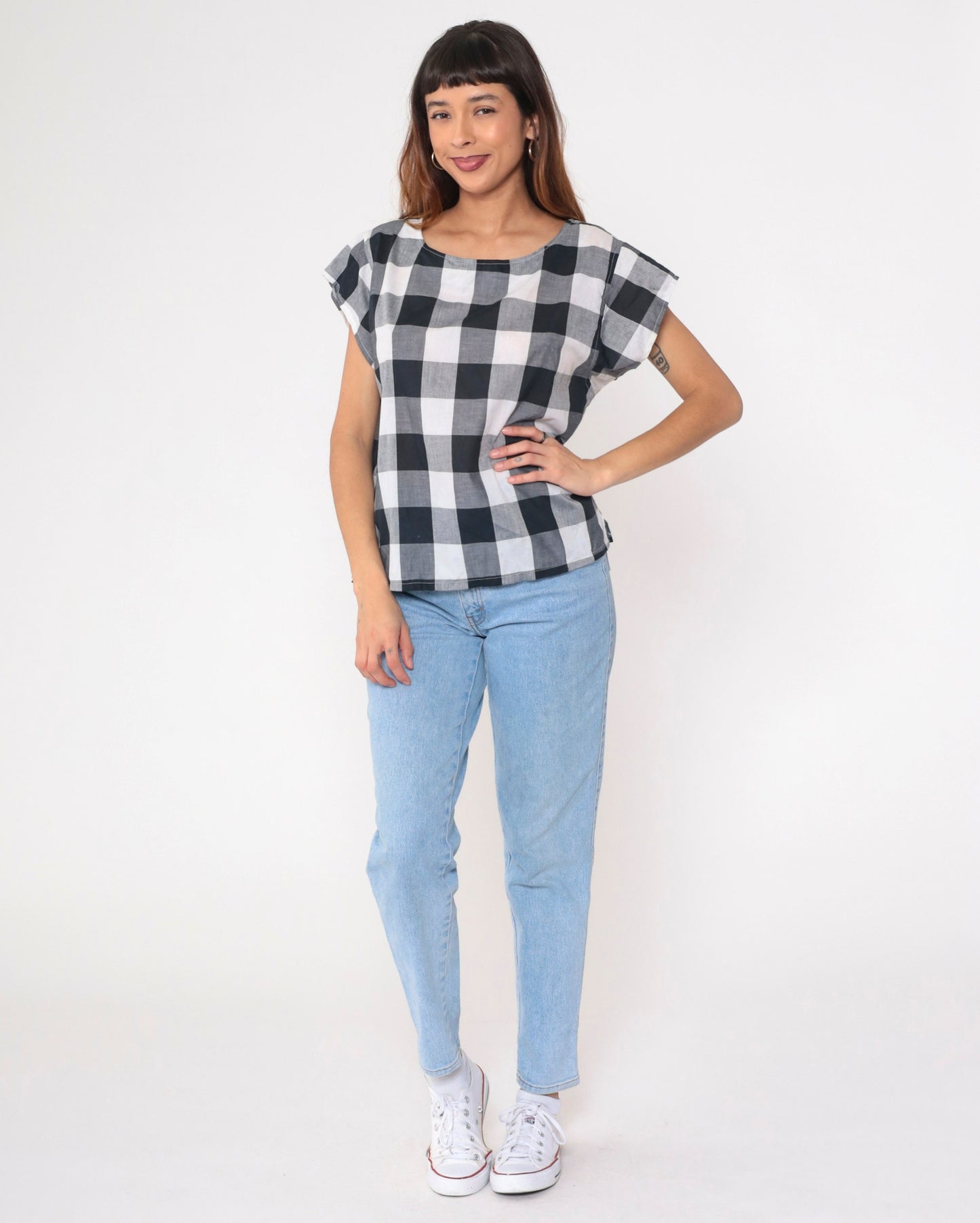 80s Buffalo Plaid Blouse Black White Checkered Cap Sleeve Scoop Neck Large