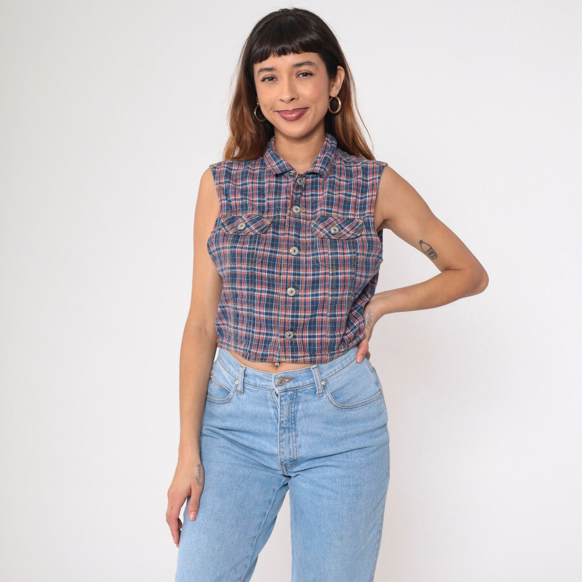 90s Plaid Button-Up Tank Top Blue Orange Checkered Cotton Medium