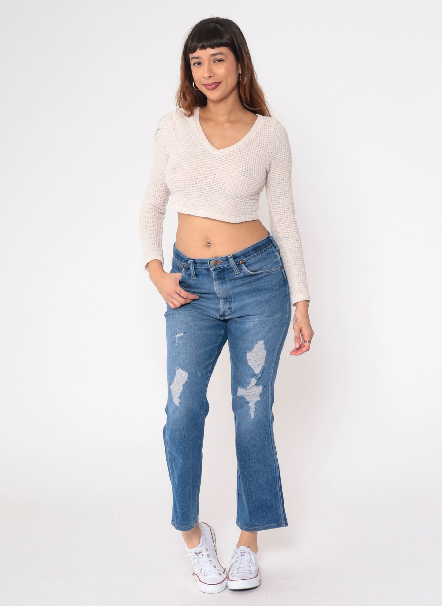 80s Wrangler High Waist Bootcut Jeans Distressed Blue Denim Men's 34