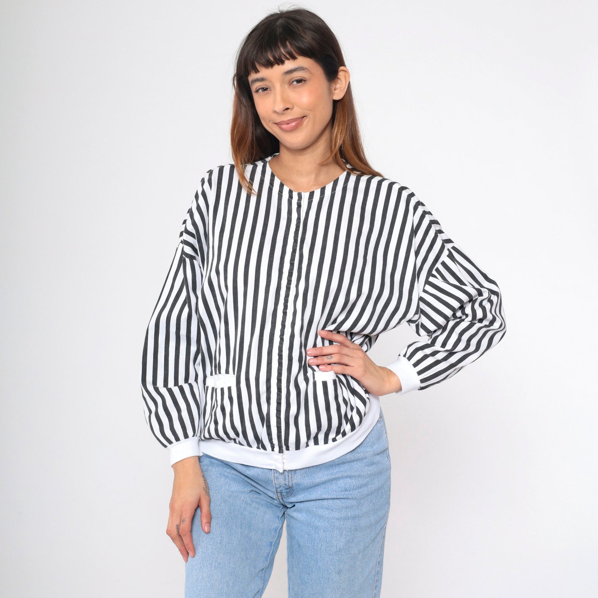 80s Black White Striped Cotton Shacket Hidden Snap Jacket Medium