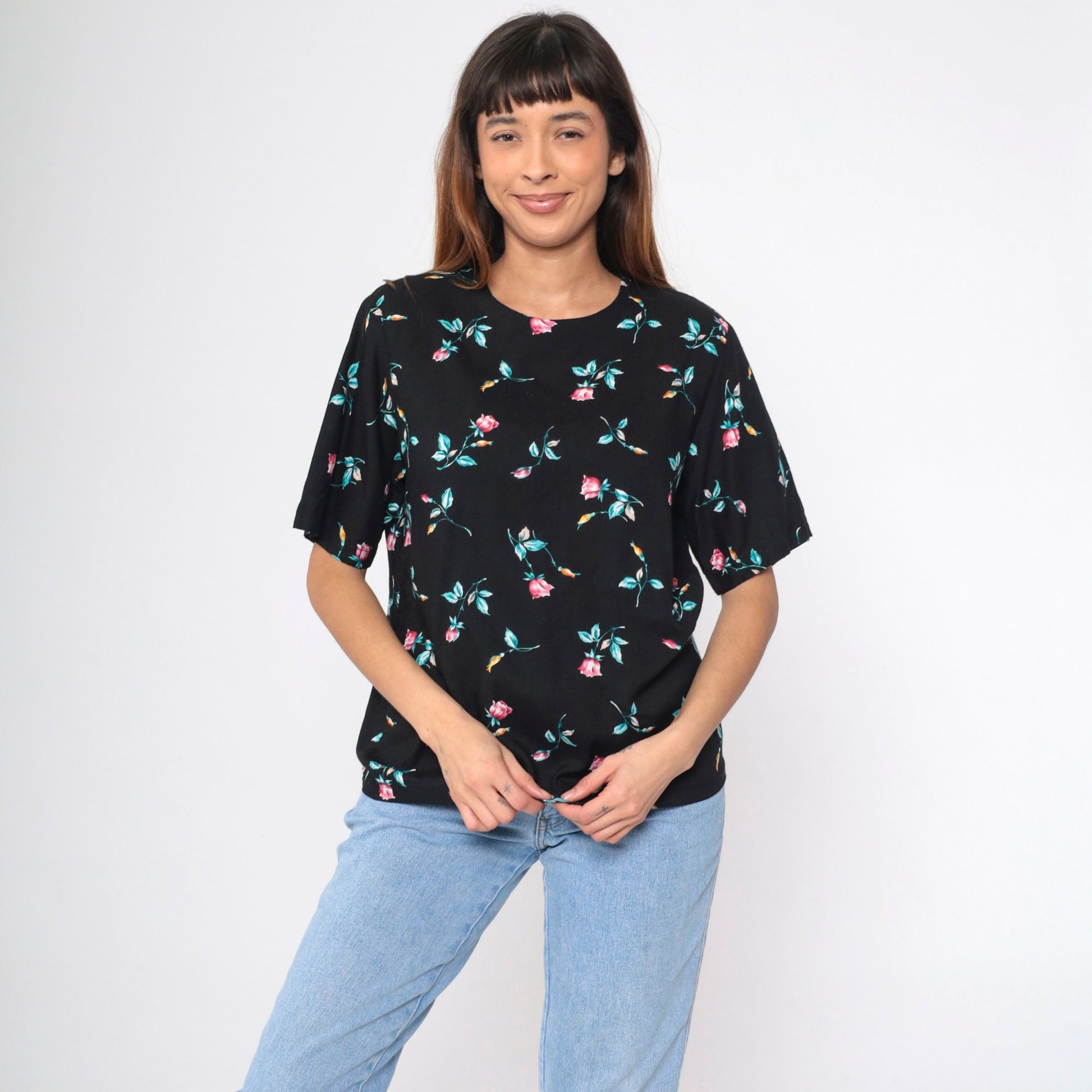90s Black Floral Rayon Blouse Short Sleeve Rose Print Shirt Medium