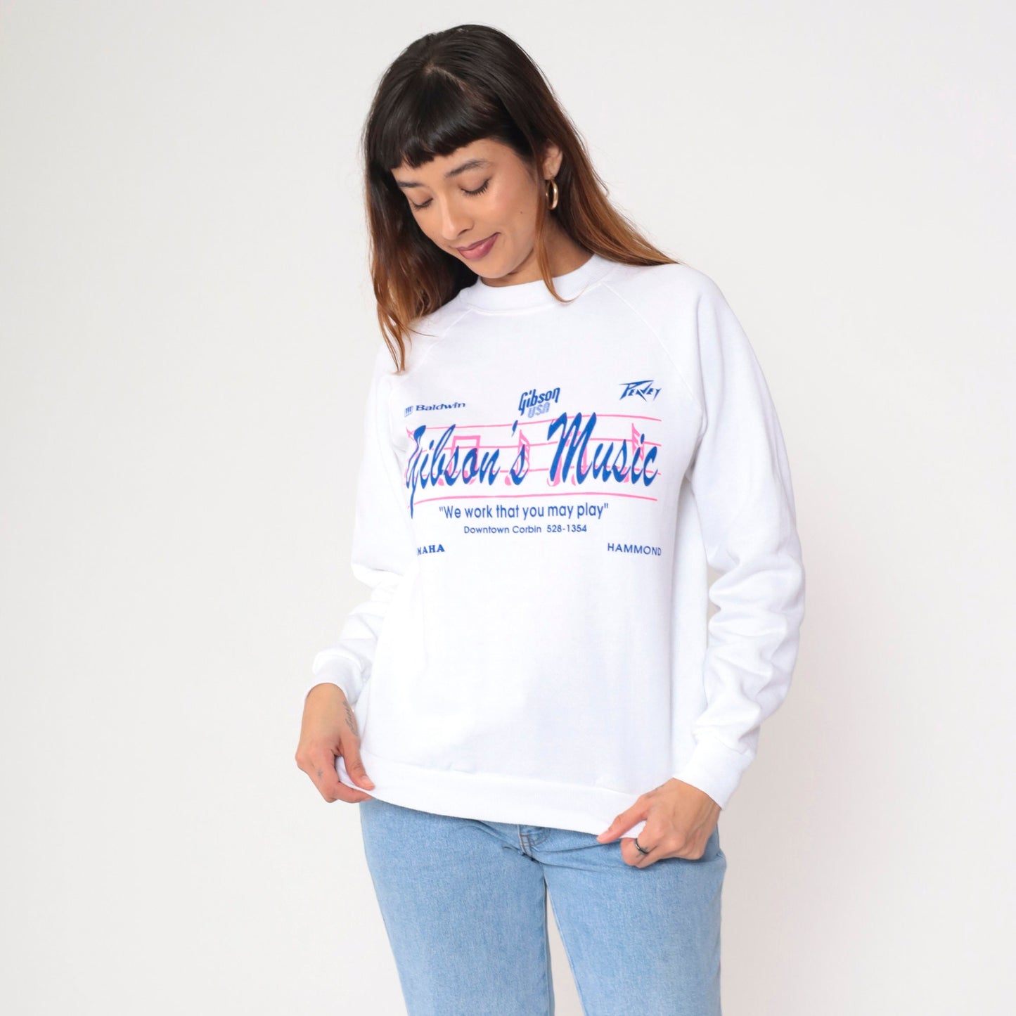 90s Gibson's Music Corbin Kentucky Graphic Sweatshirt White Raglan Small
