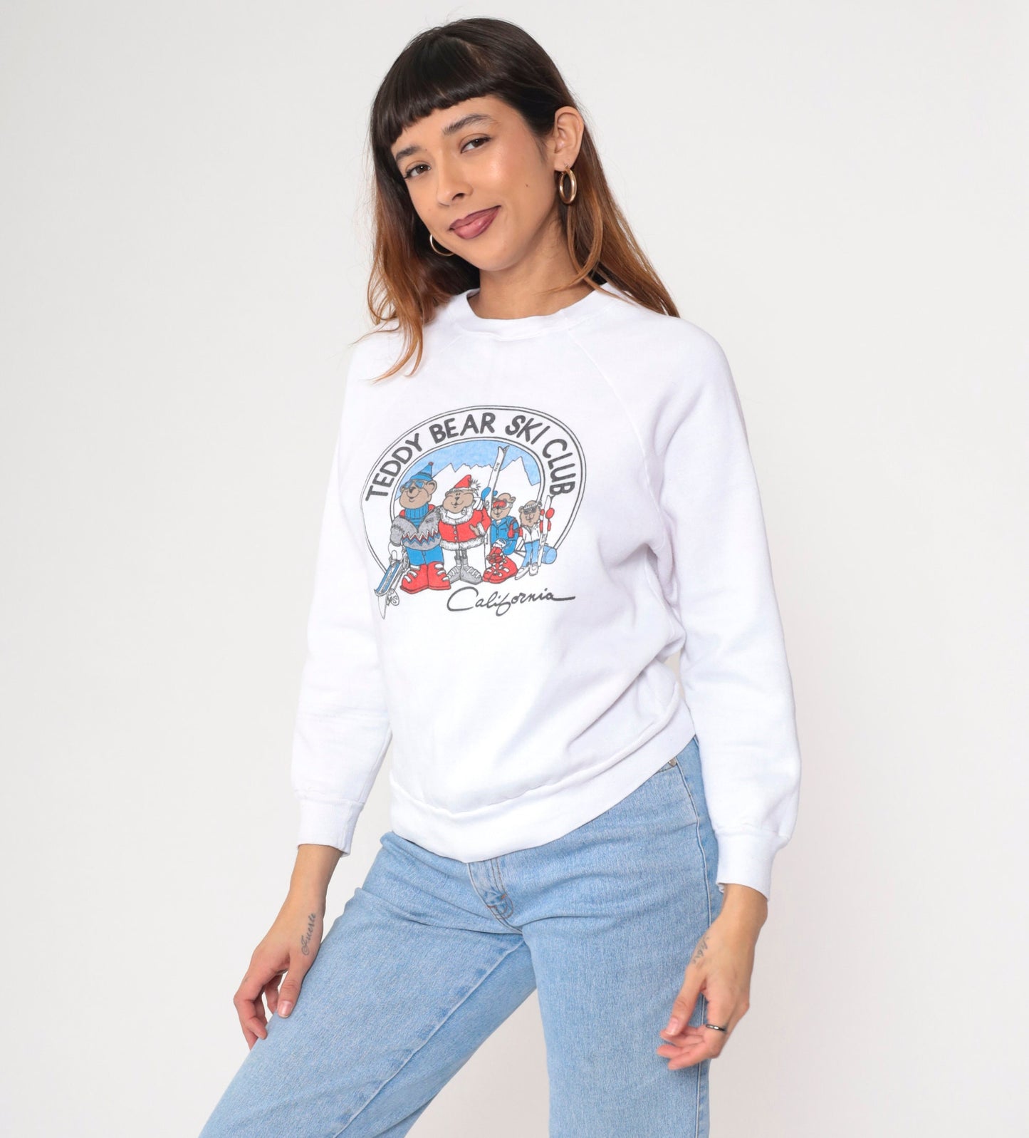 90s Teddy Bear Ski Club California Graphic Sweatshirt White Crewneck Small