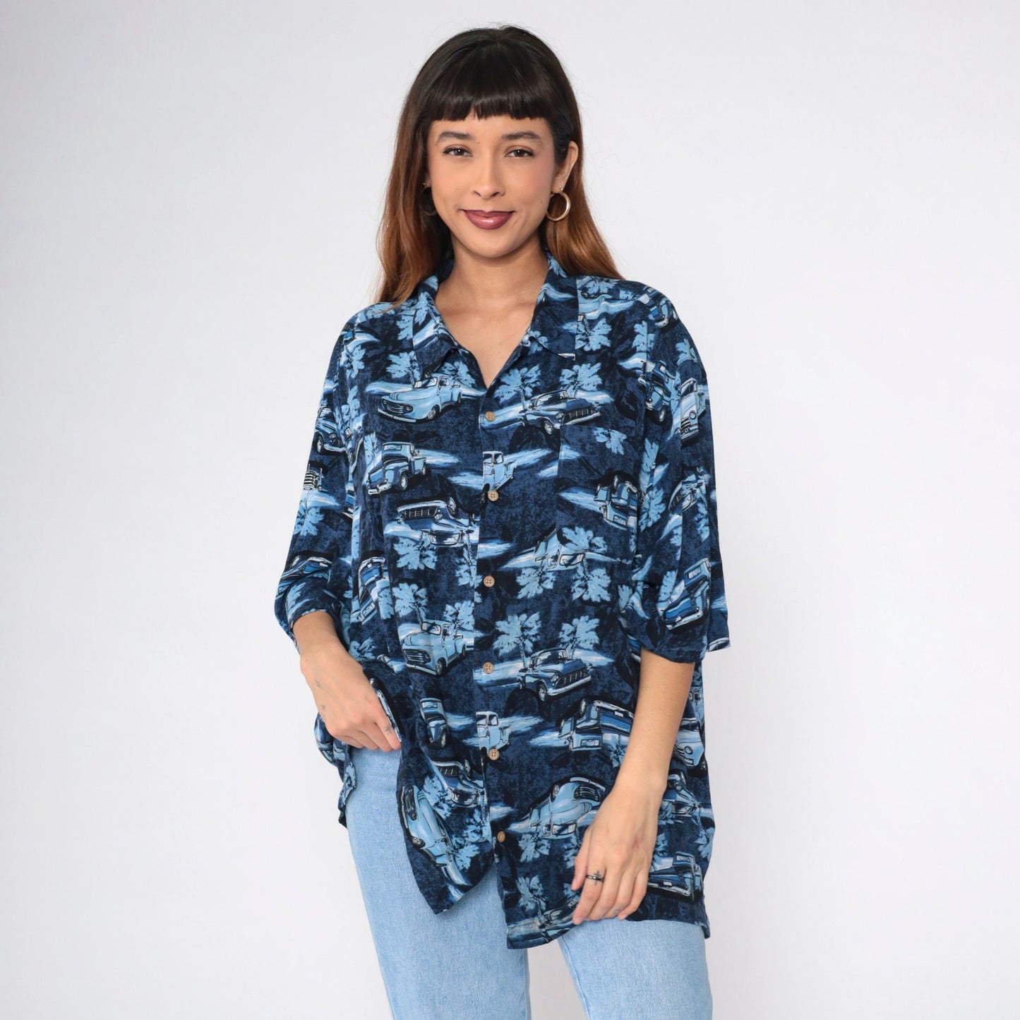 90s Puritan Truck Print Button-Up Shirt Blue Rayon XXL
