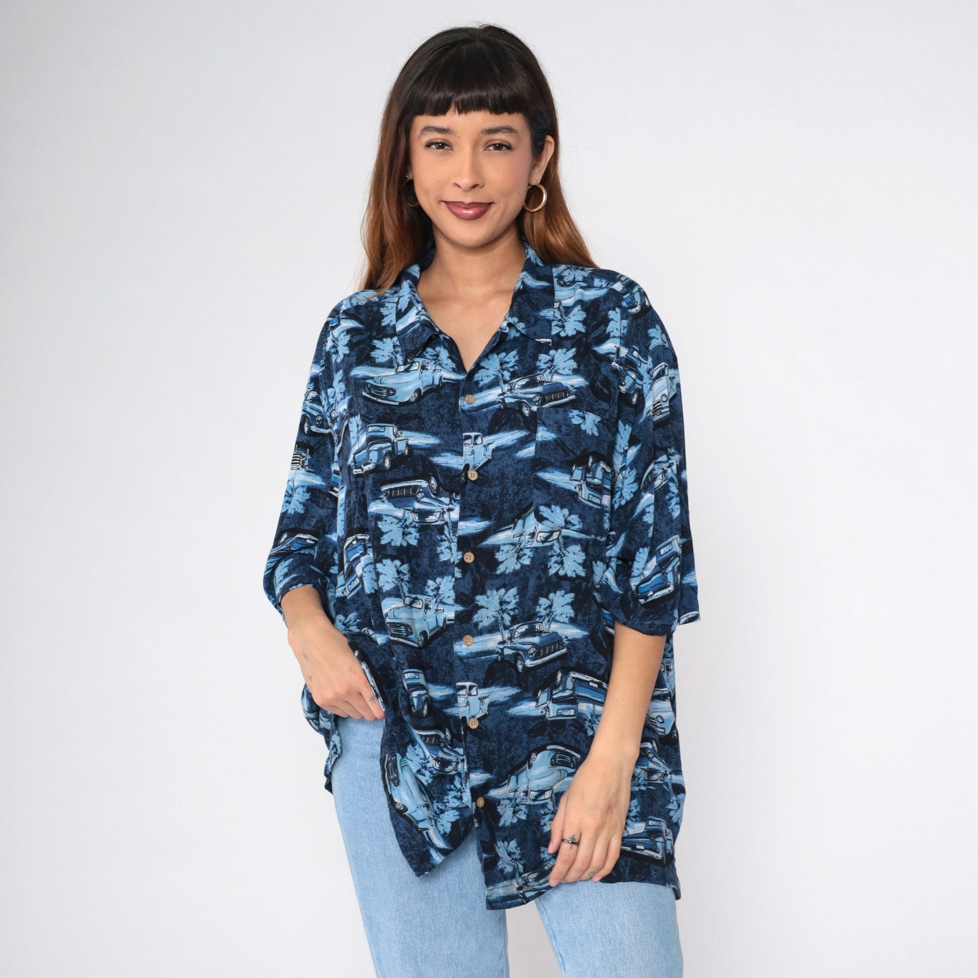 90s Puritan Truck Print Button-Up Shirt Blue Rayon XXL