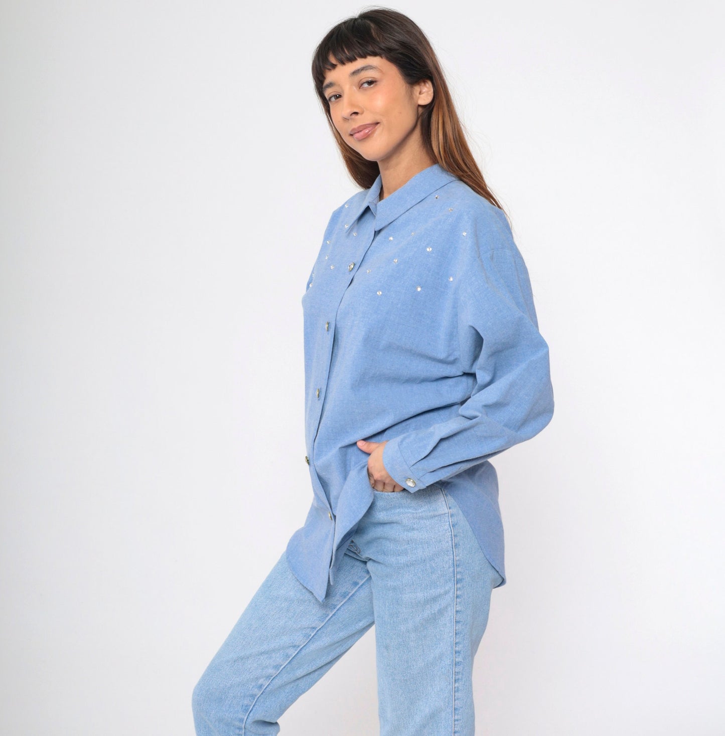 90s Blue Chambray Blouse Rhinestone Studs Long Sleeve Collared Shirt Large