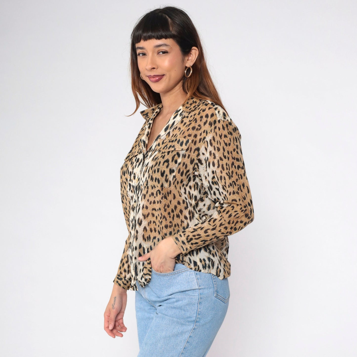 90s Liz Sport Leopard Print Button Up Blouse Long Sleeve Cotton Small Petite