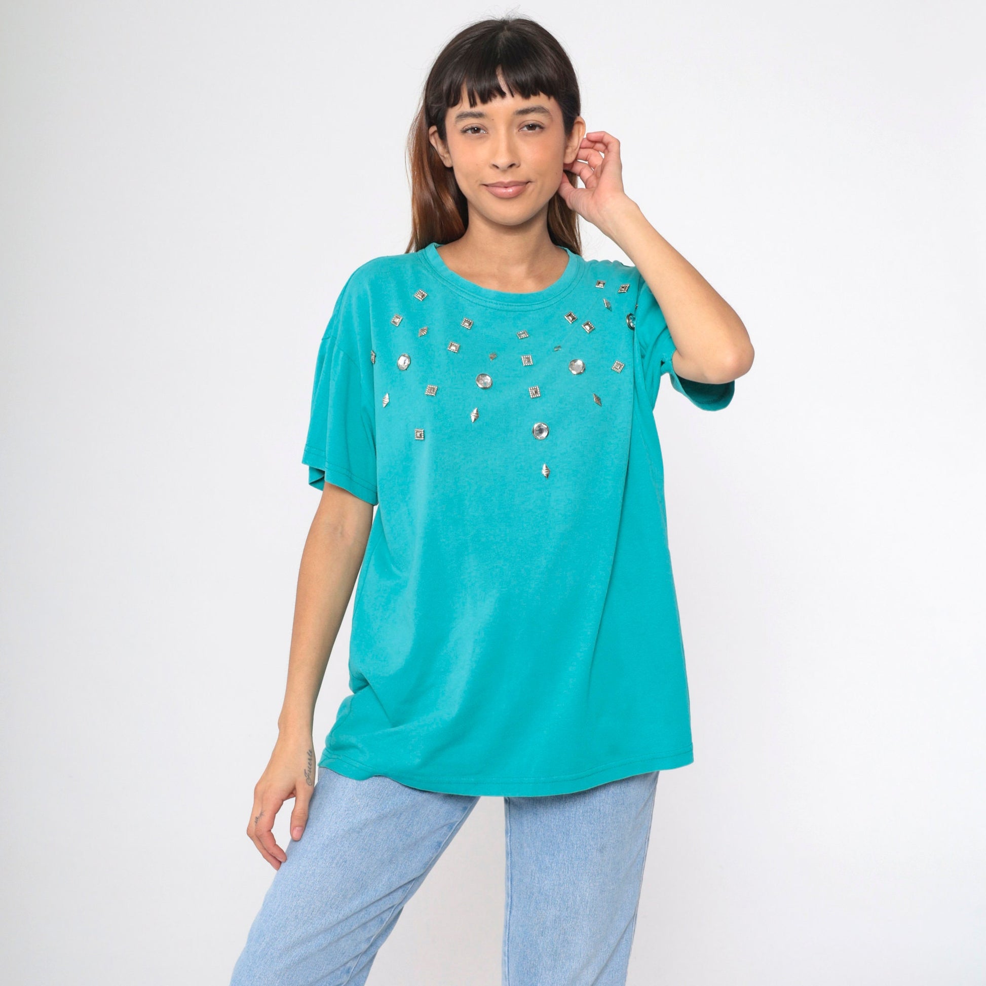 90s Turquoise Studded T-Shirt Silver Rhinestone Embellished Cotton Large L