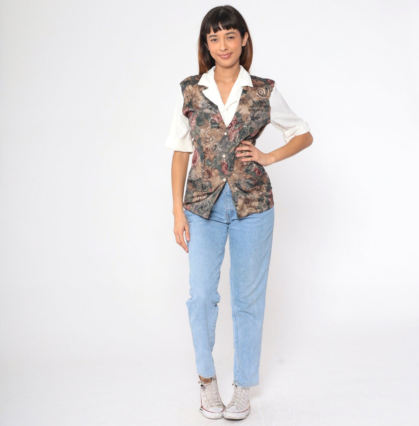 90s Victoria Ashley Floral Vest Blouse White Button Up Short Sleeve Small