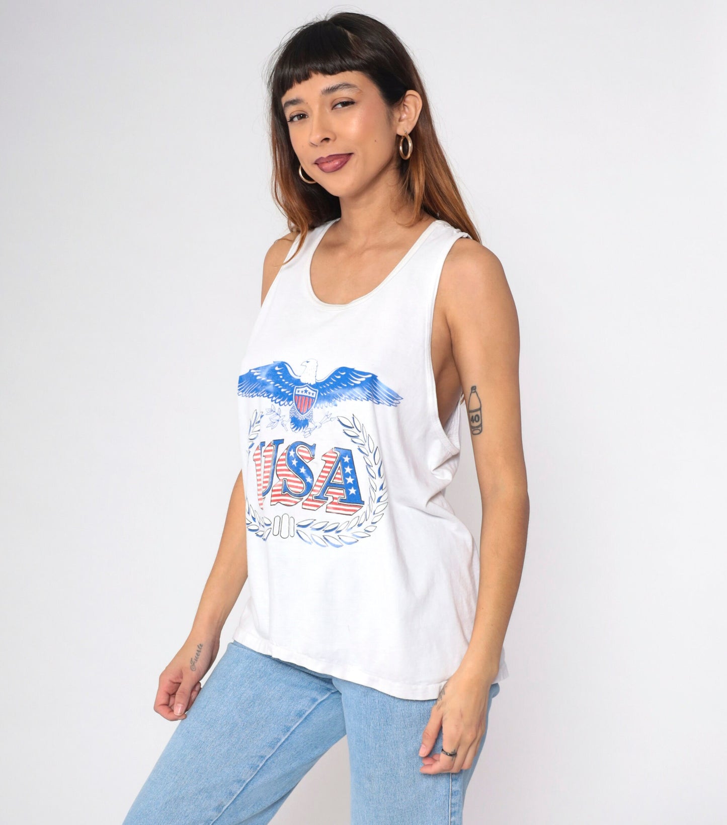 90s USA Eagle Patriotic Tank Top White Graphic Cotton Medium