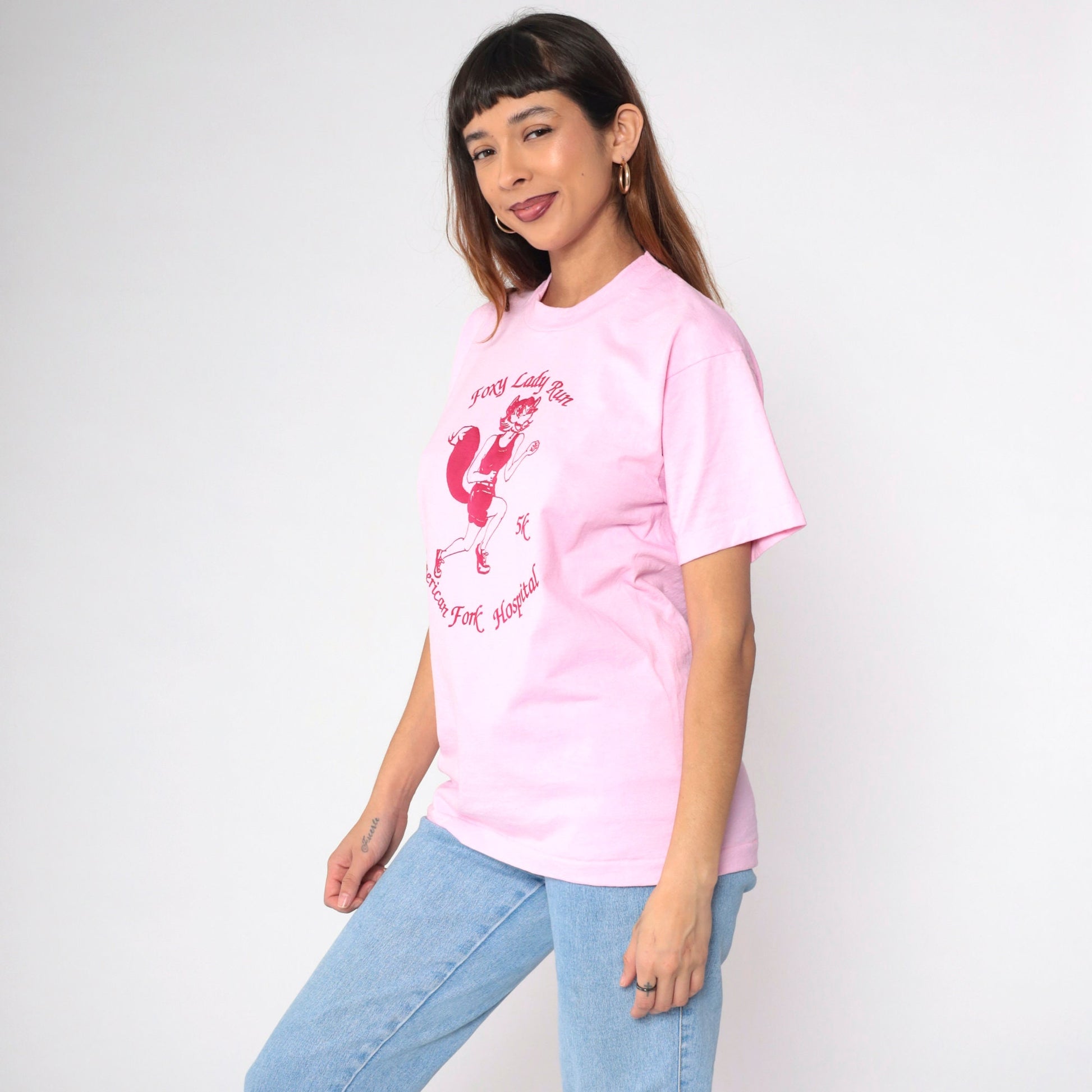 80s Foxy Lady Run 5K American Fork Hospital Graphic Tee Pink Single Stitch Medium