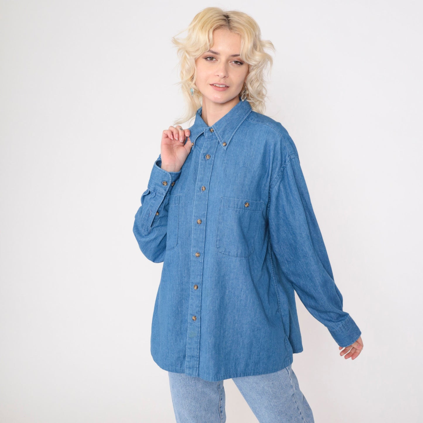 90s Club Room Blue Denim Button-Up Shirt Long Sleeve Cotton Men's 16 1/2