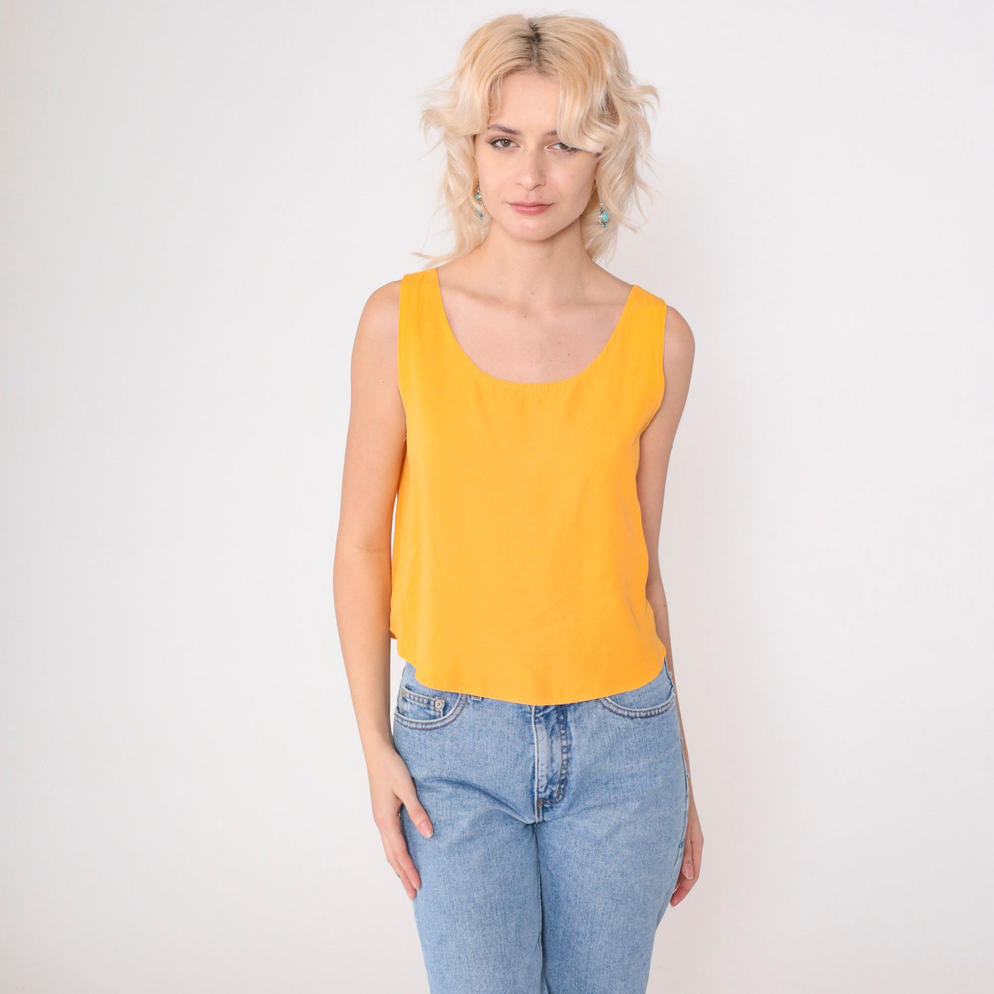 90s Marigold Yellow Scoop Neck Tank Top Rayon Small S