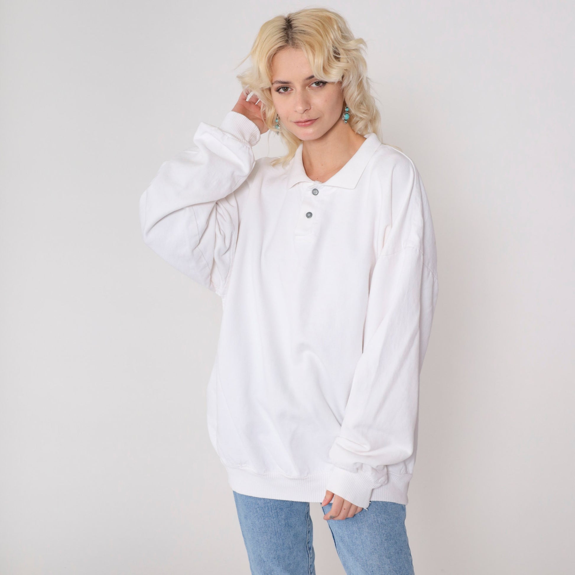 90s Orvis White Collared Sweatshirt Button Chest Plus Size XXL