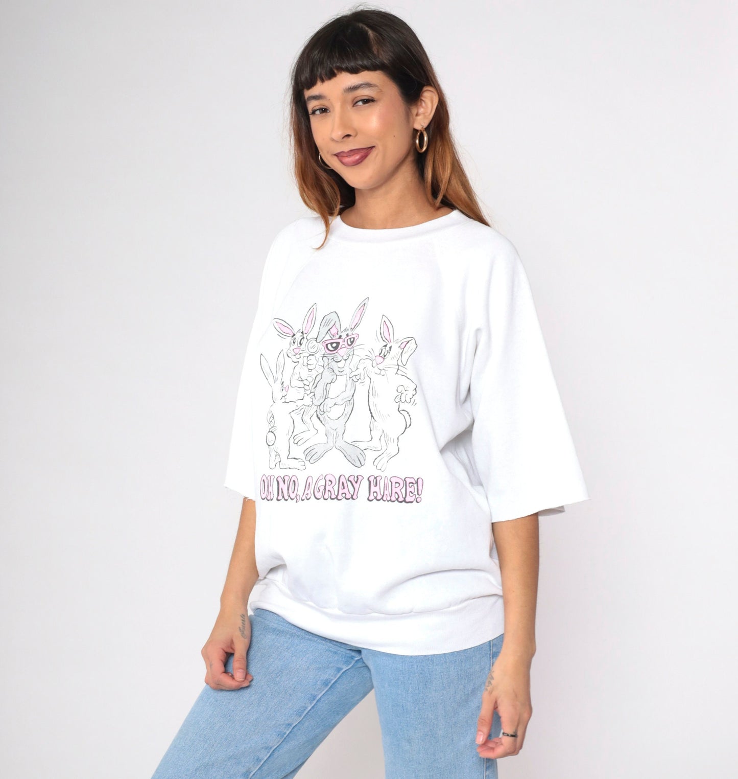 80s Rabbit Pun Sweatshirt Grey Hare Cartoon Bunny Graphic Cutoff Large