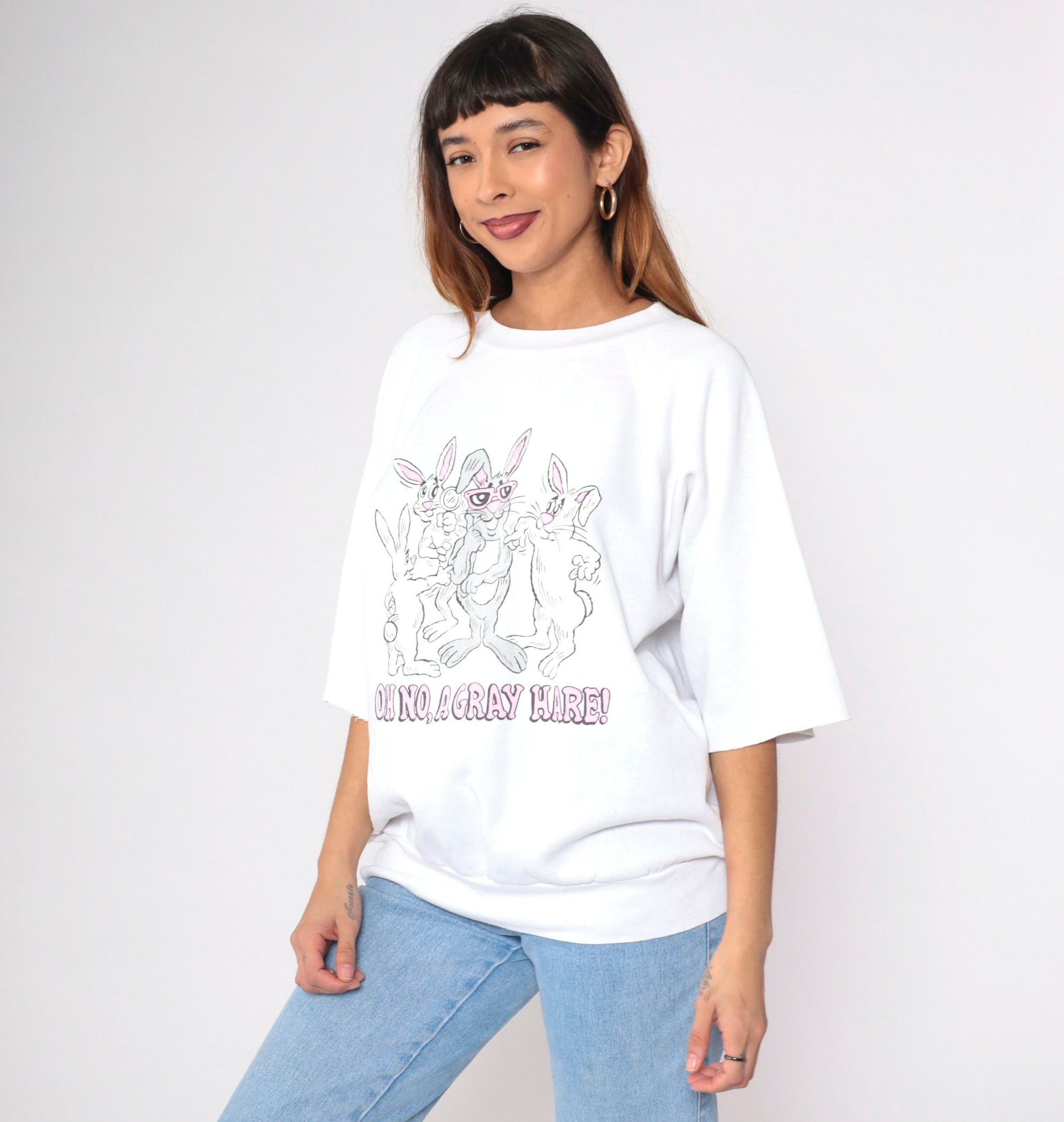 80s Rabbit Pun Sweatshirt Grey Hare Cartoon Bunny Graphic Cutoff Large