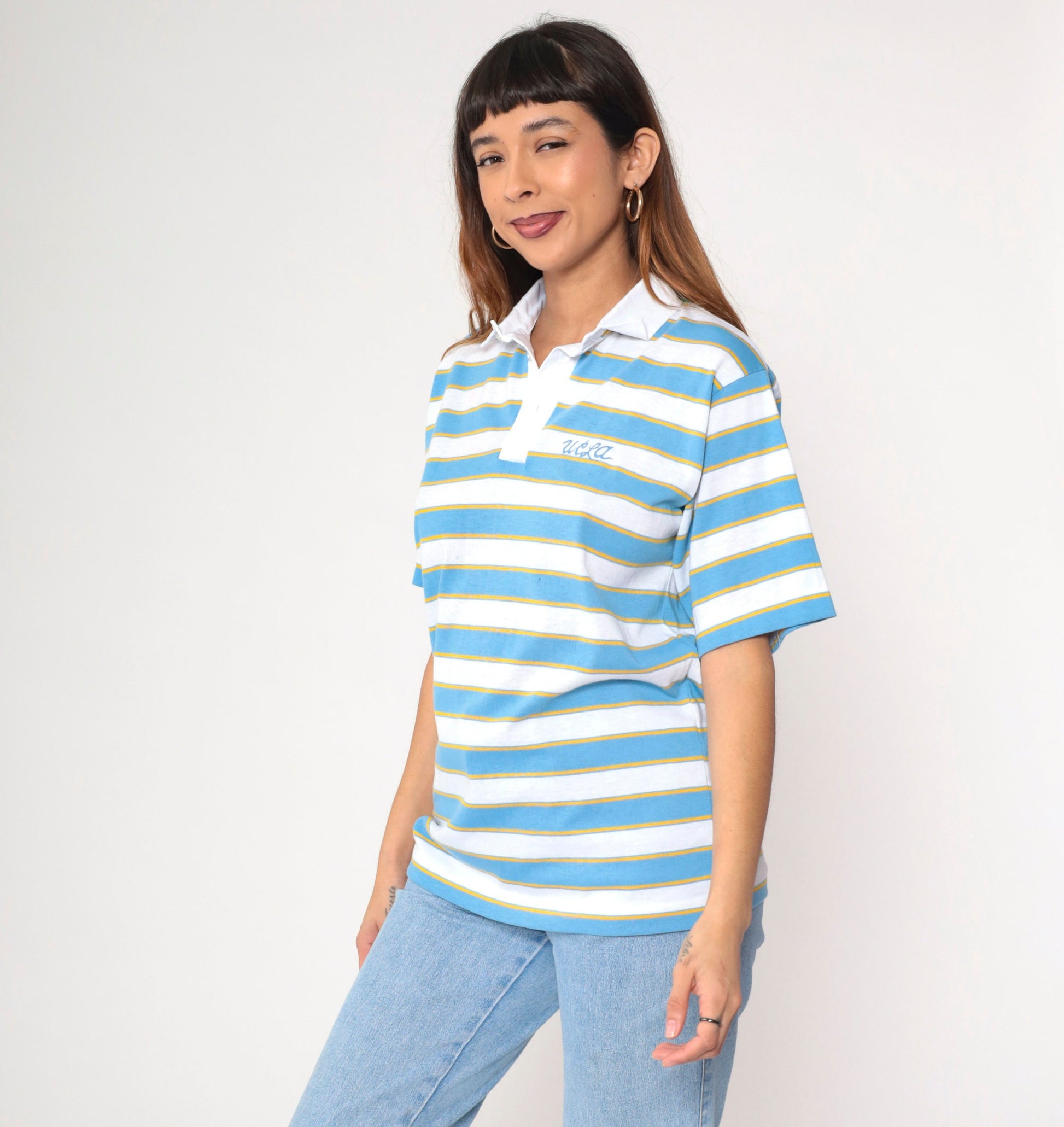 80s UCLA Bruins Striped Polo Shirt White Blue Gold Embroidered Medium