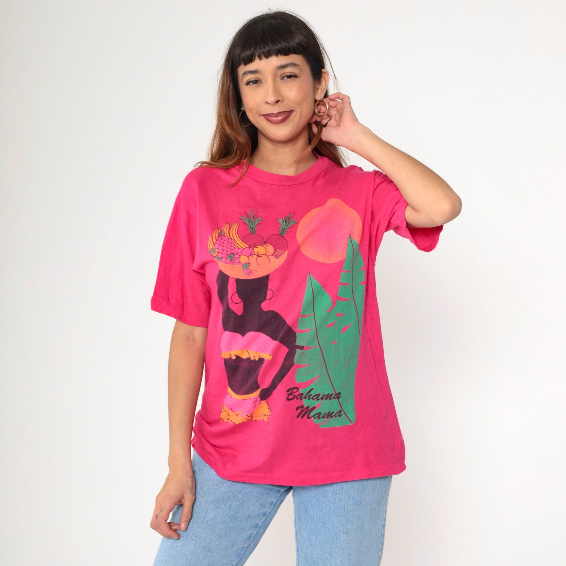 80s Bahama Mama Tropical Graphic T-Shirt Hot Pink Cotton Tee Medium