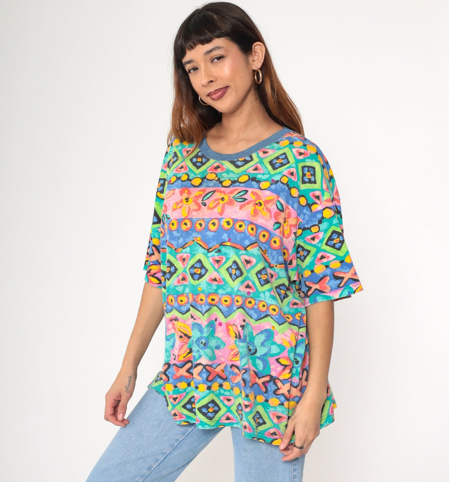 90s Geometric Floral Rhinestone T-Shirt Green Pink Blue Extra Large XL