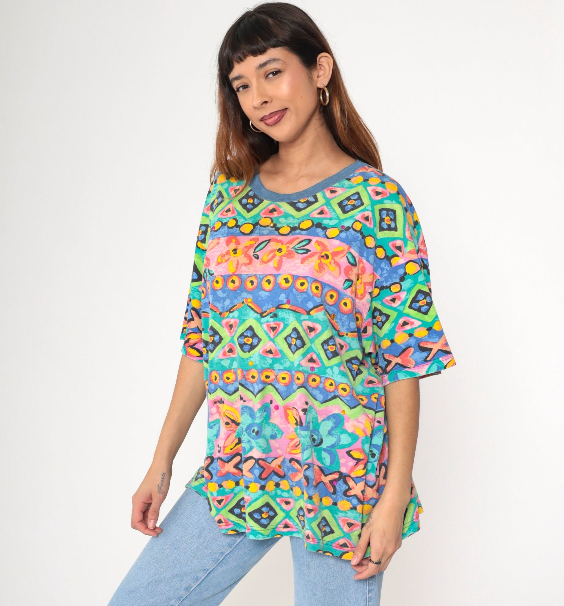 90s Geometric Floral Rhinestone T-Shirt Green Pink Blue Extra Large XL