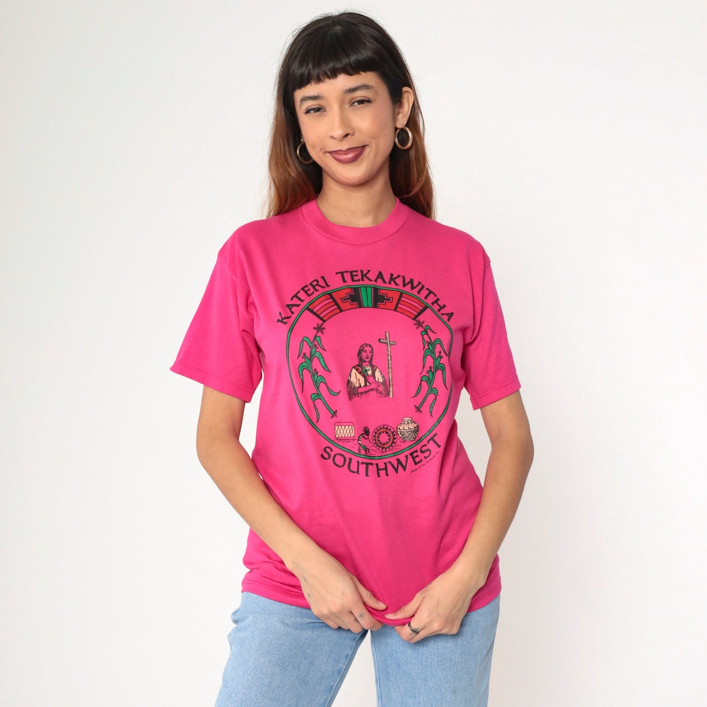 90s Kateri Tekakwitha Native American Saint Graphic T-Shirt Pink Small