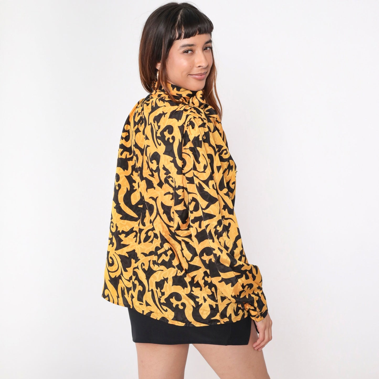 90s Anne Klein Baroque Blouse Puff Sleeve Ascot Neckline Black Gold Large 14