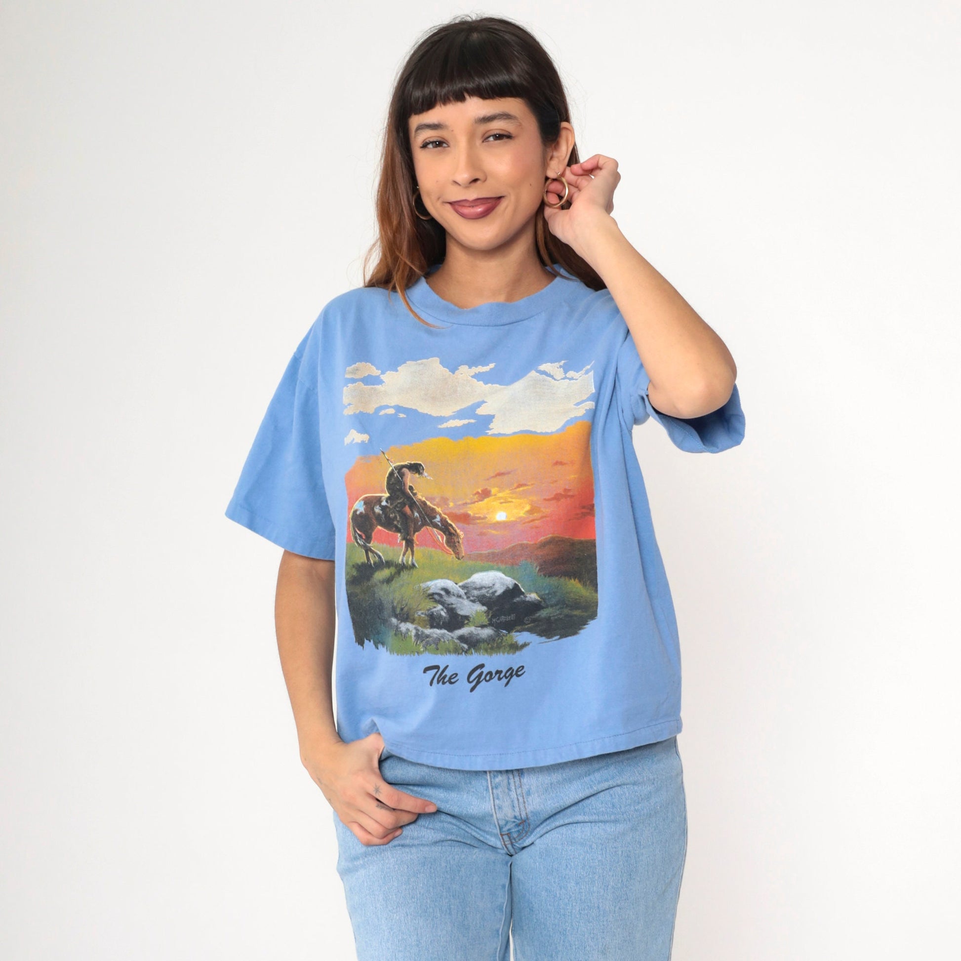 90s End of The Trail Native American Graphic T-Shirt Blue Large L